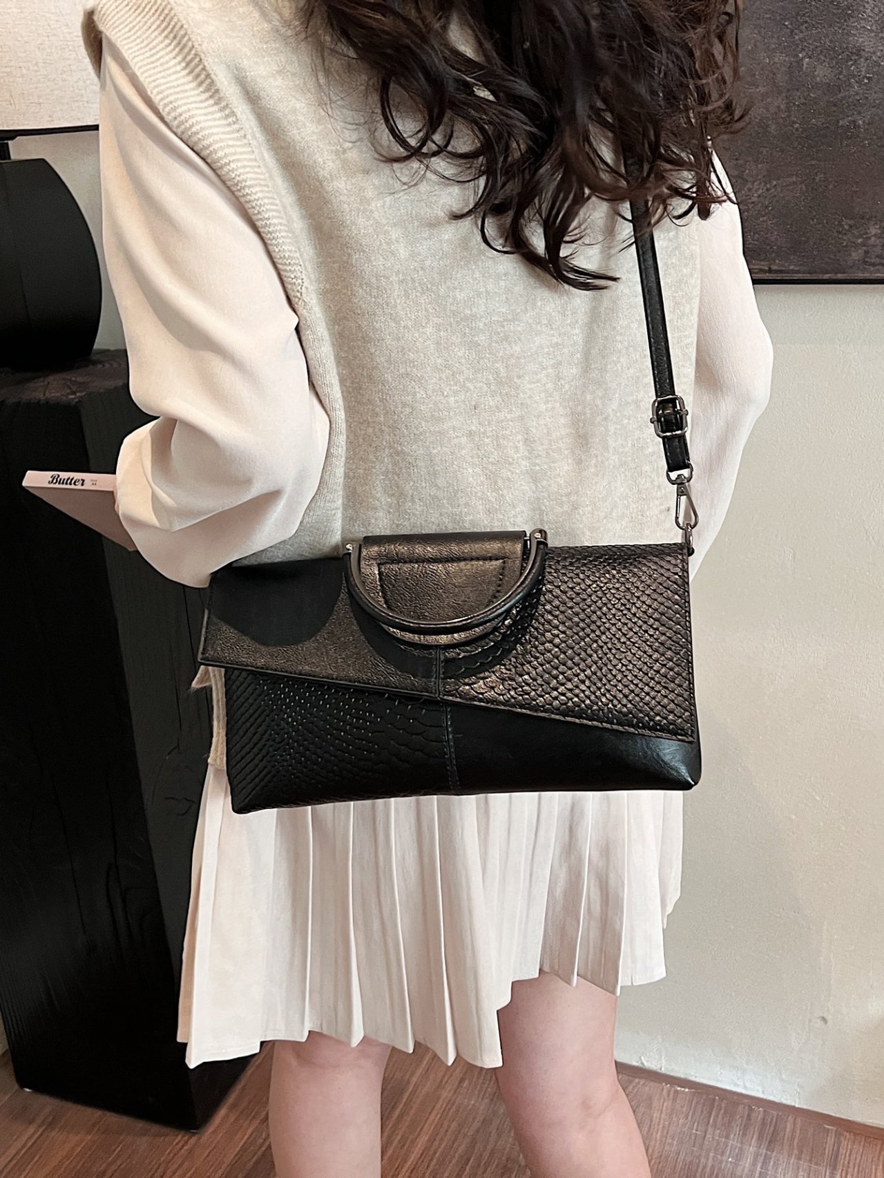 Black Textured Crossbody Bag