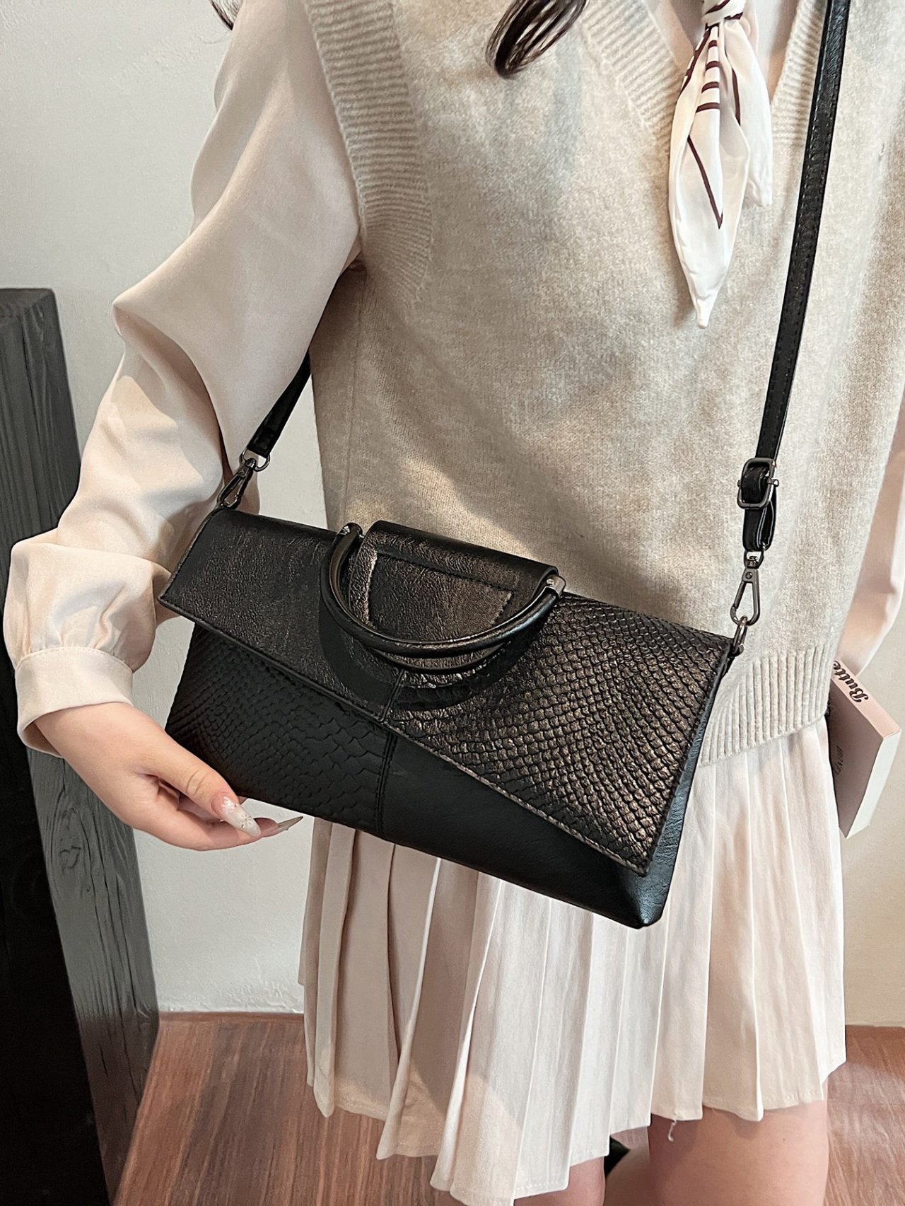 Black Textured Crossbody Bag