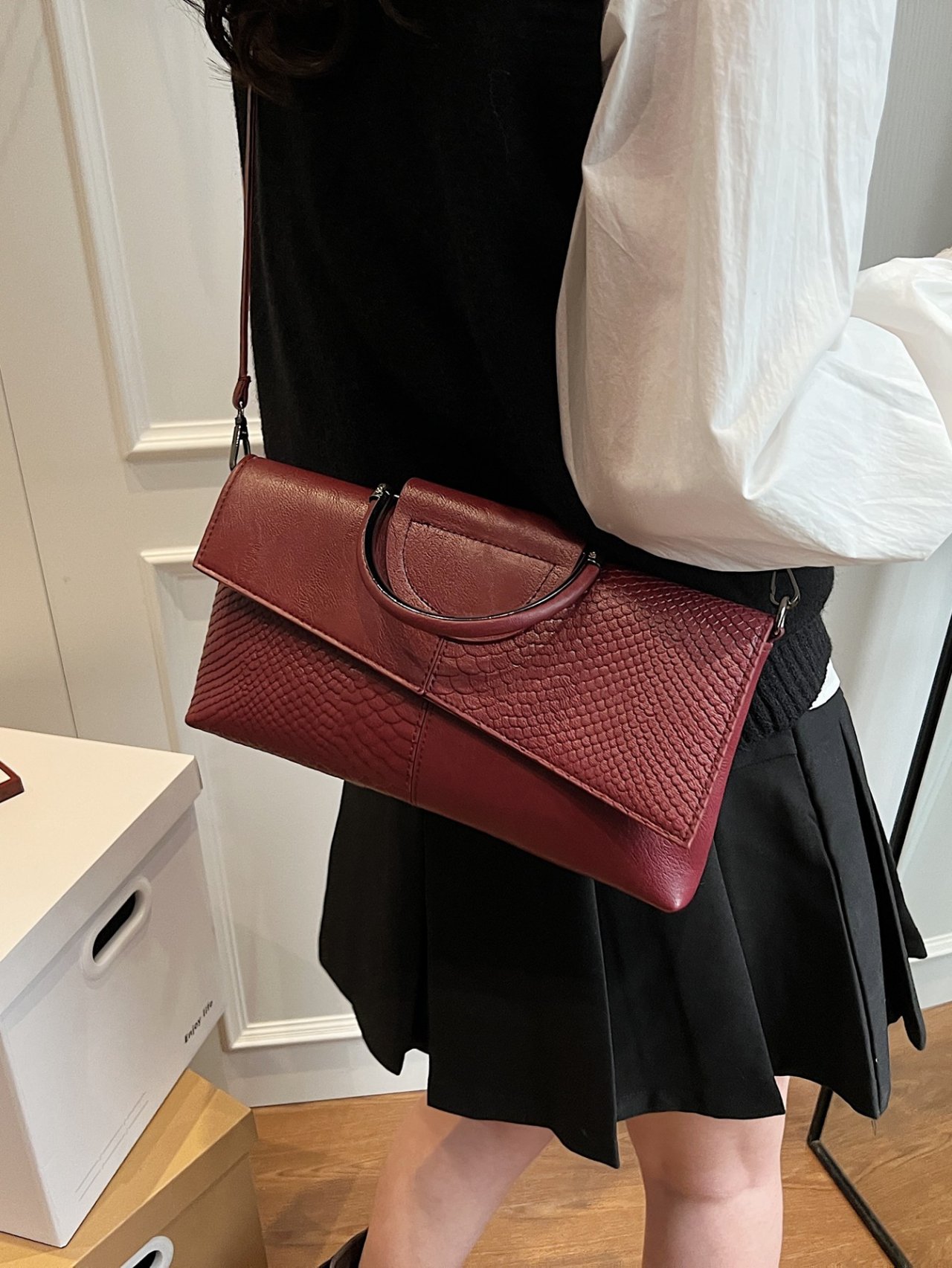 Burgundy Croc-Embossed Crossbody Bag