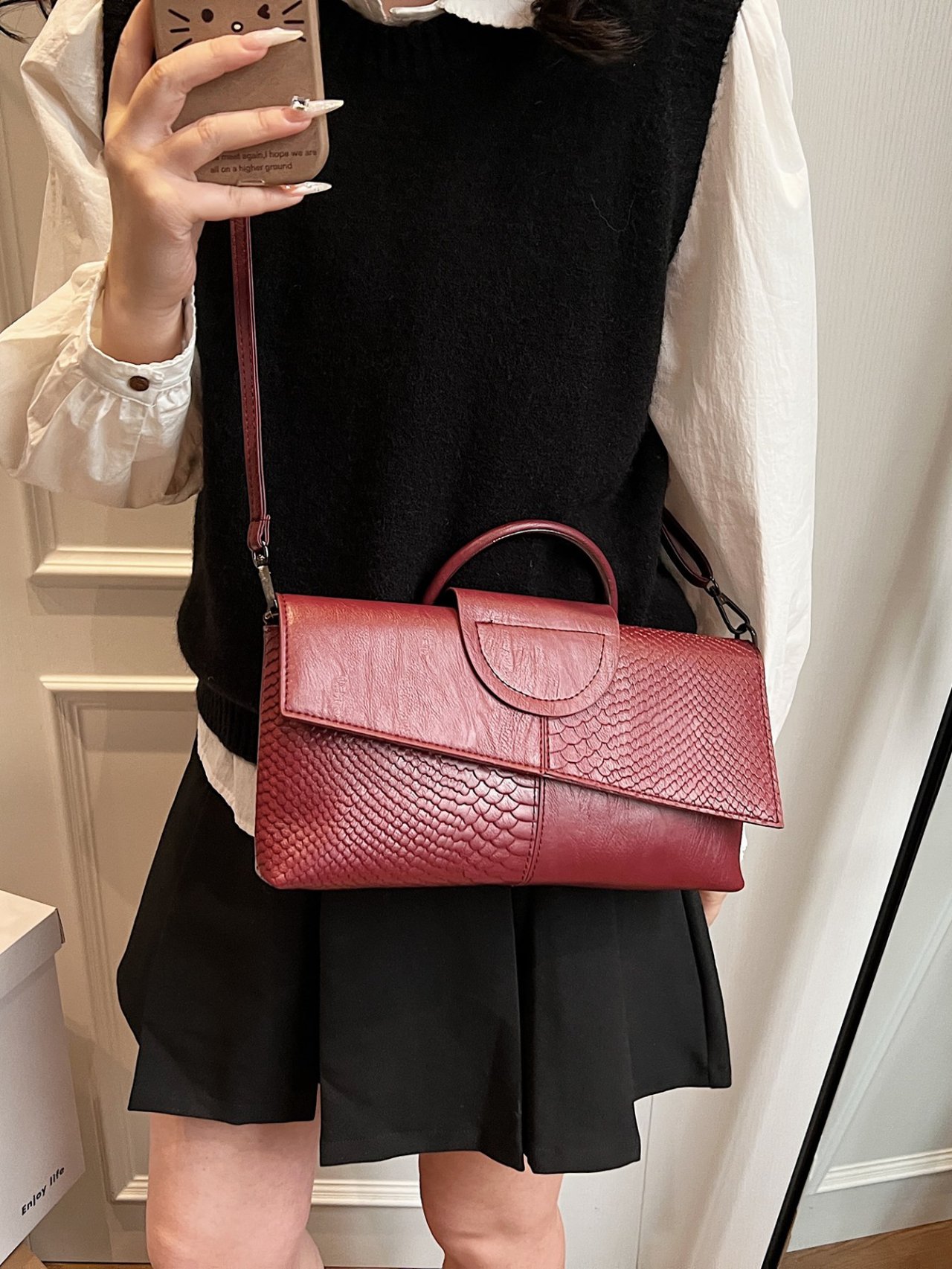 Burgundy Croc-Embossed Crossbody Bag