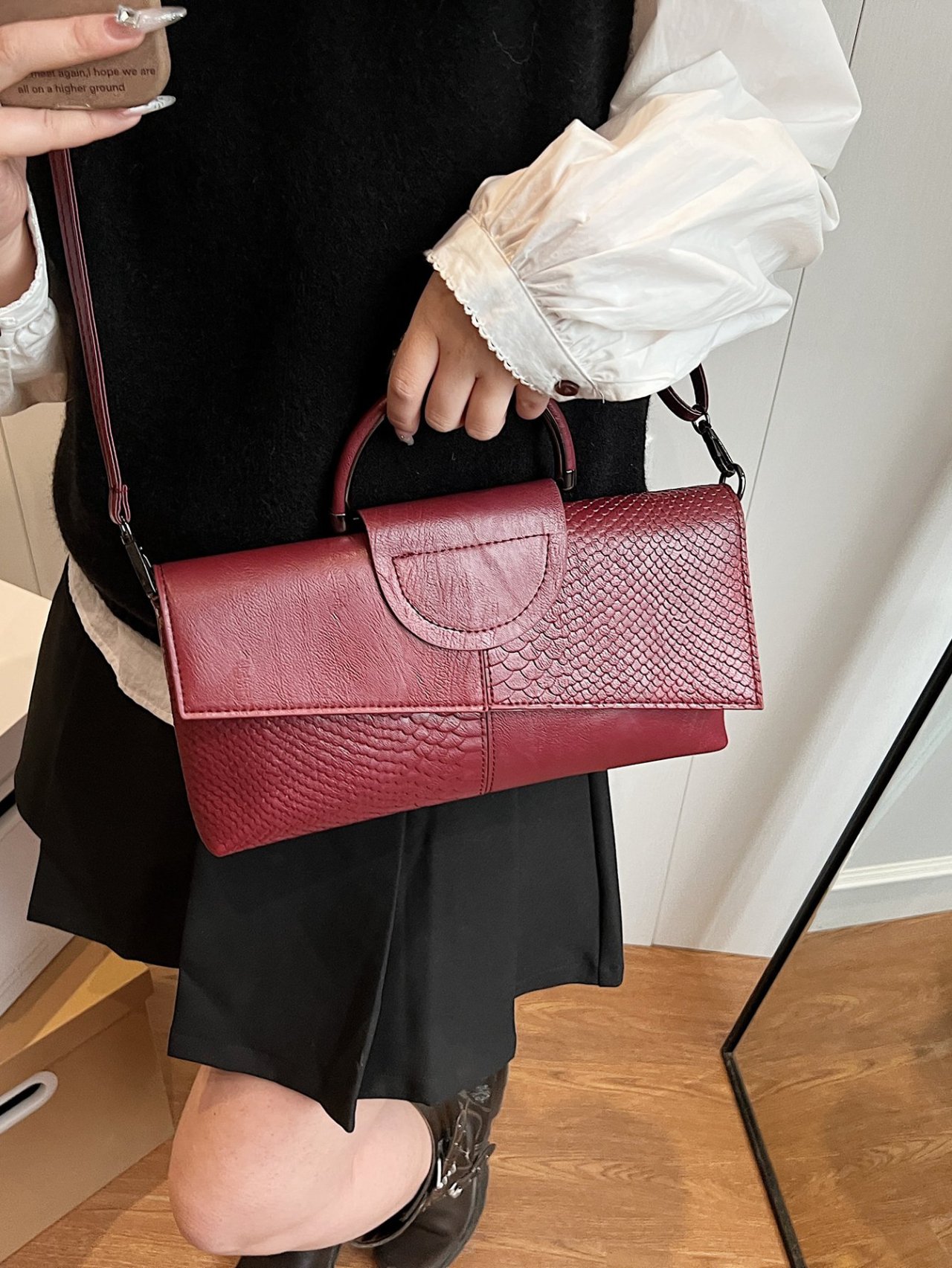 Burgundy Croc-Embossed Crossbody Bag