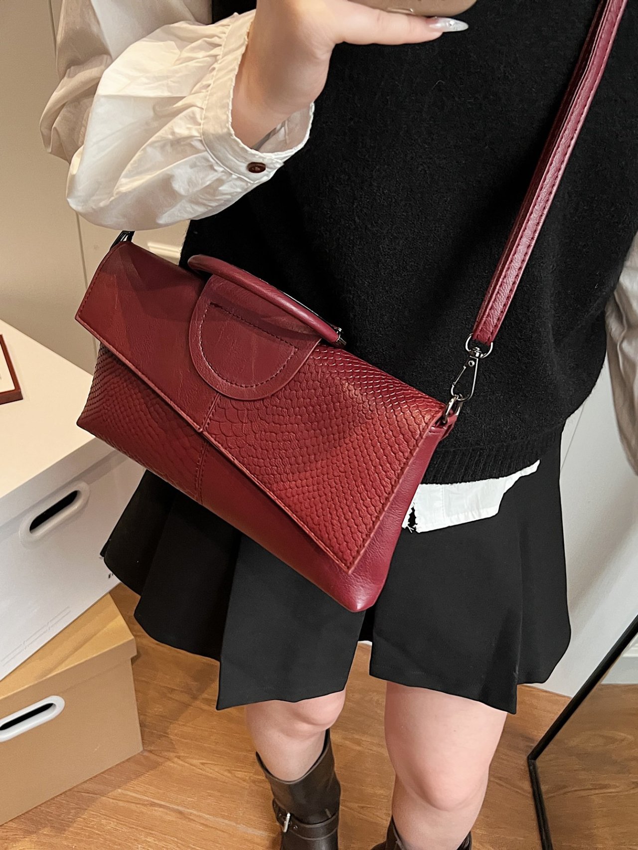 Burgundy Croc-Embossed Crossbody Bag