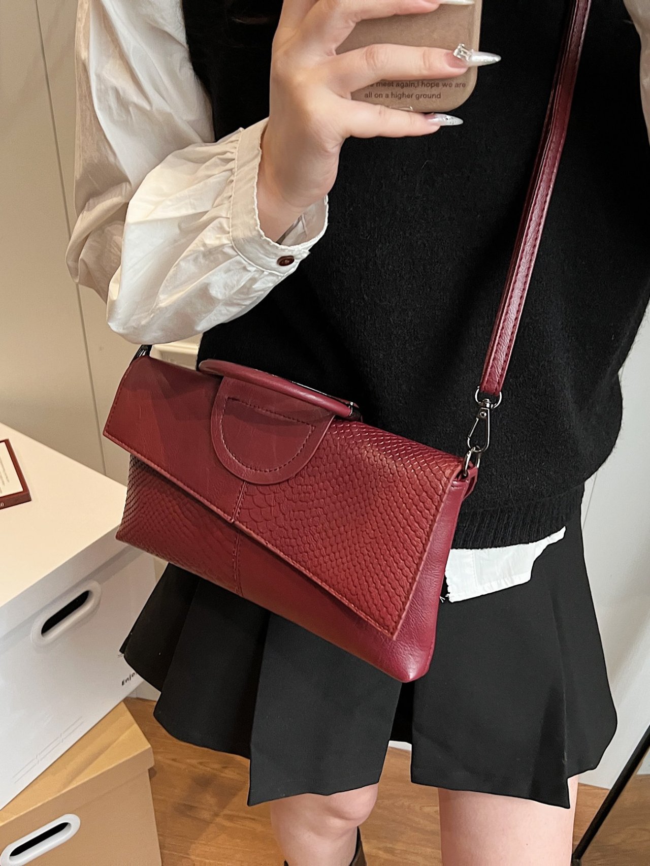 Burgundy Croc-Embossed Crossbody Bag