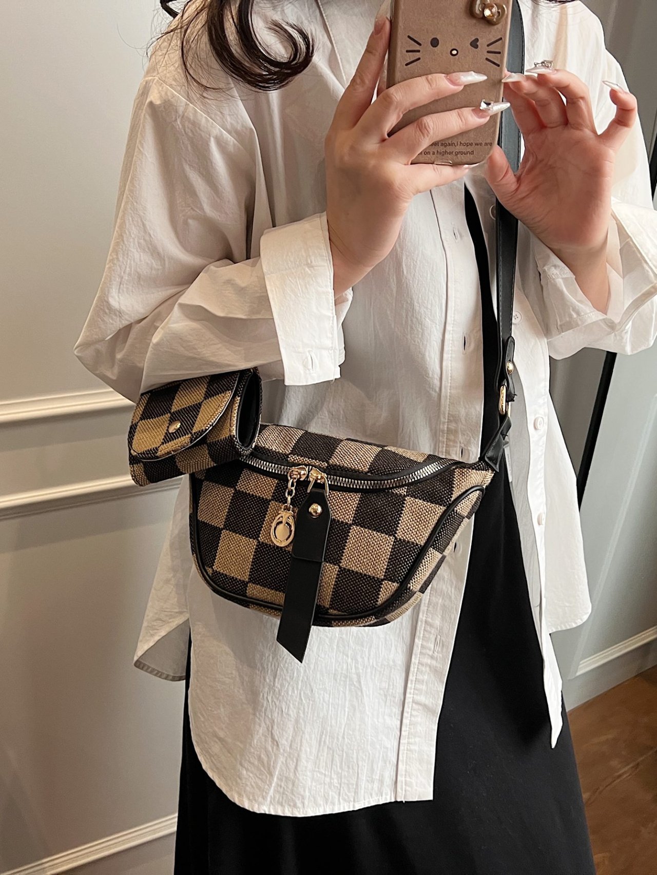 Black Checkered Crossbody Bag with Pendant