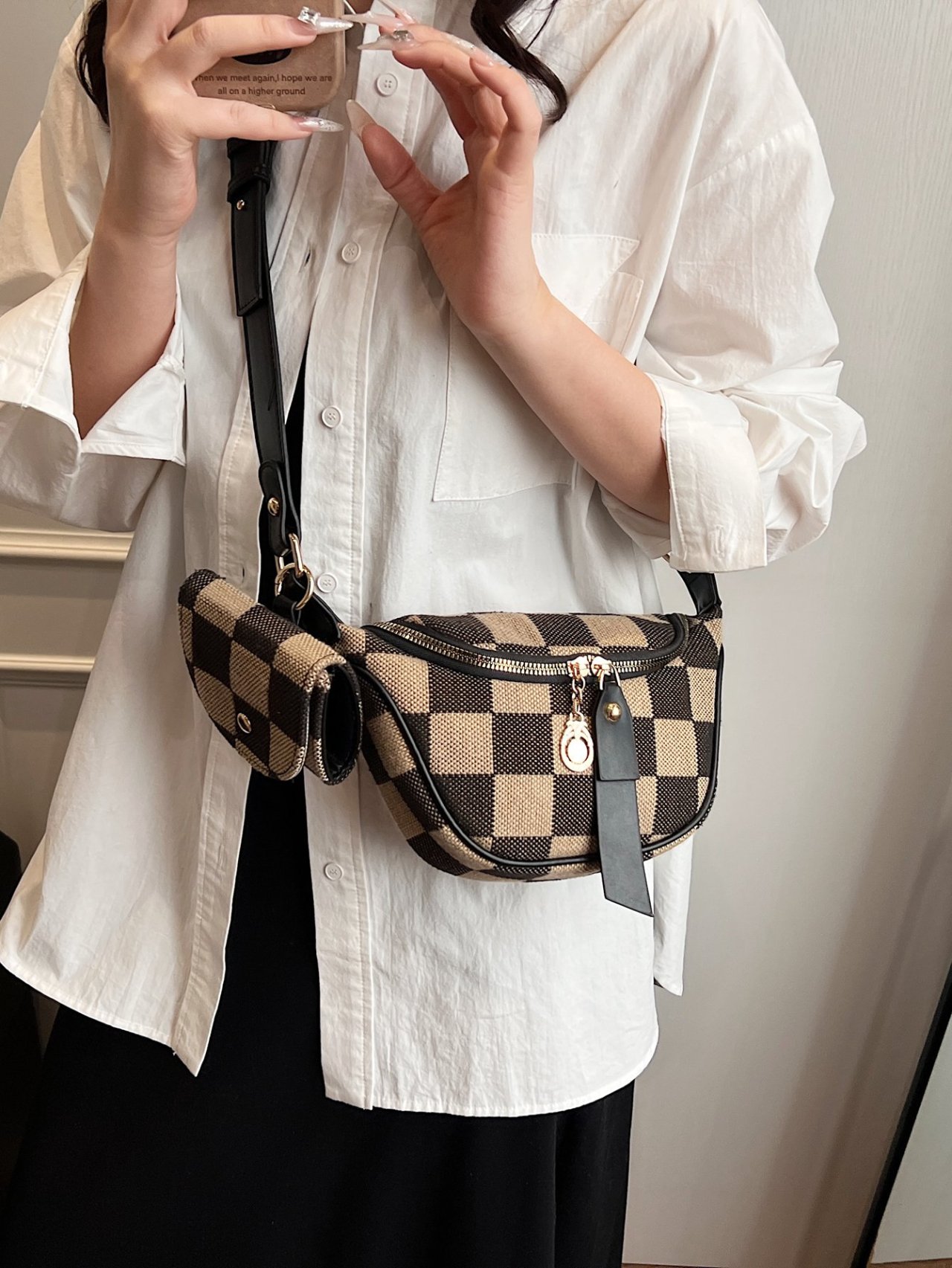 Black Checkered Crossbody Bag with Pendant