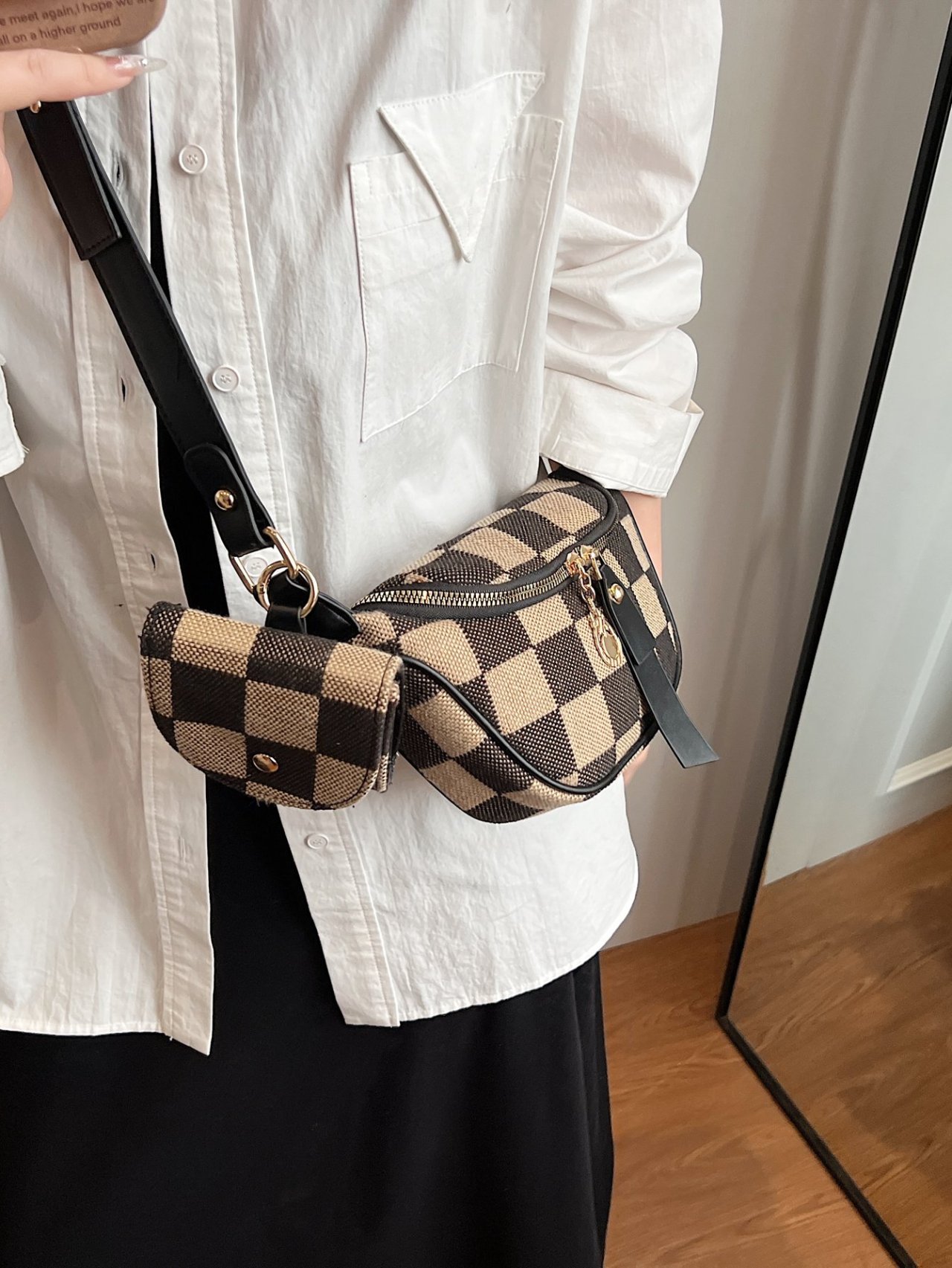 Black Checkered Crossbody Bag with Pendant