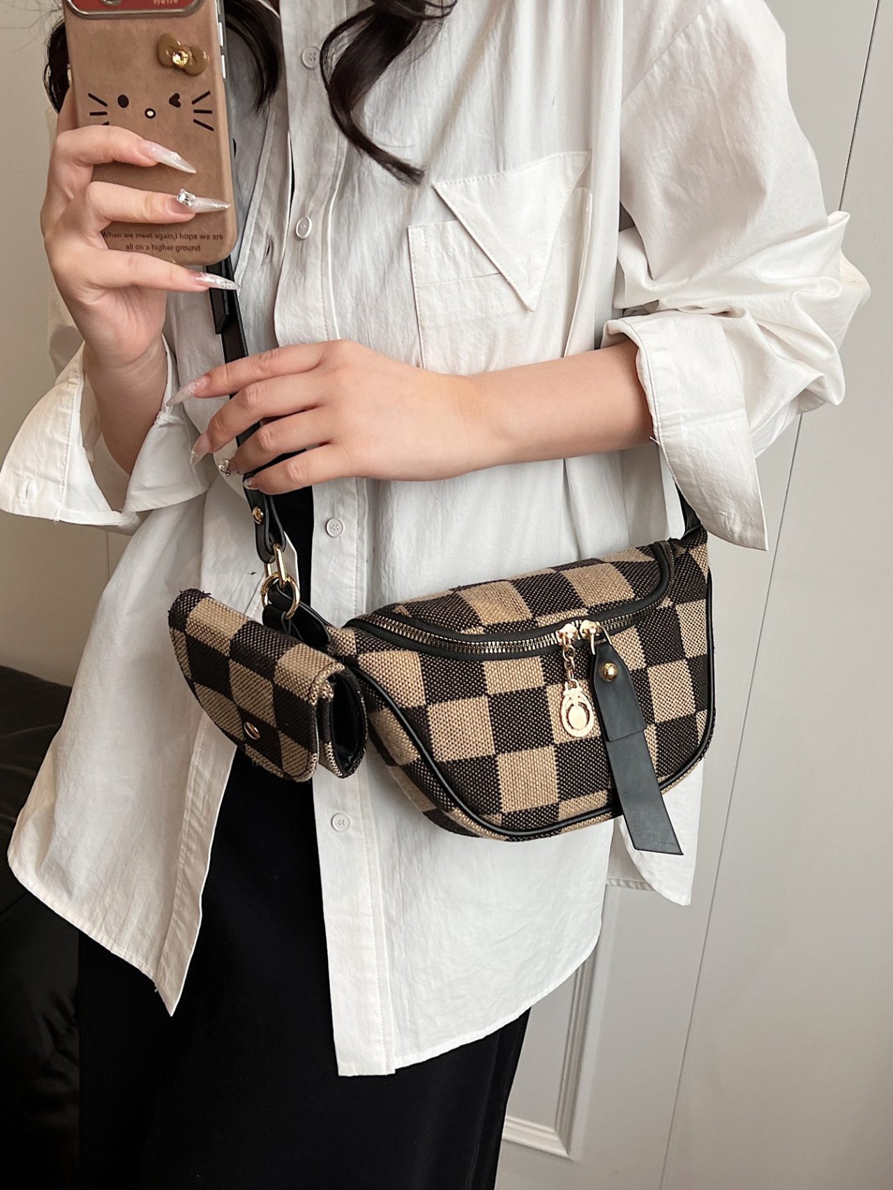 Black Checkered Crossbody Bag with Pendant