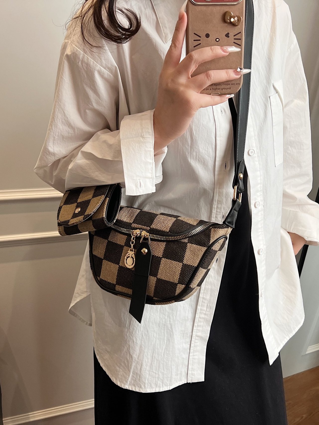 Black Checkered Crossbody Bag with Pendant