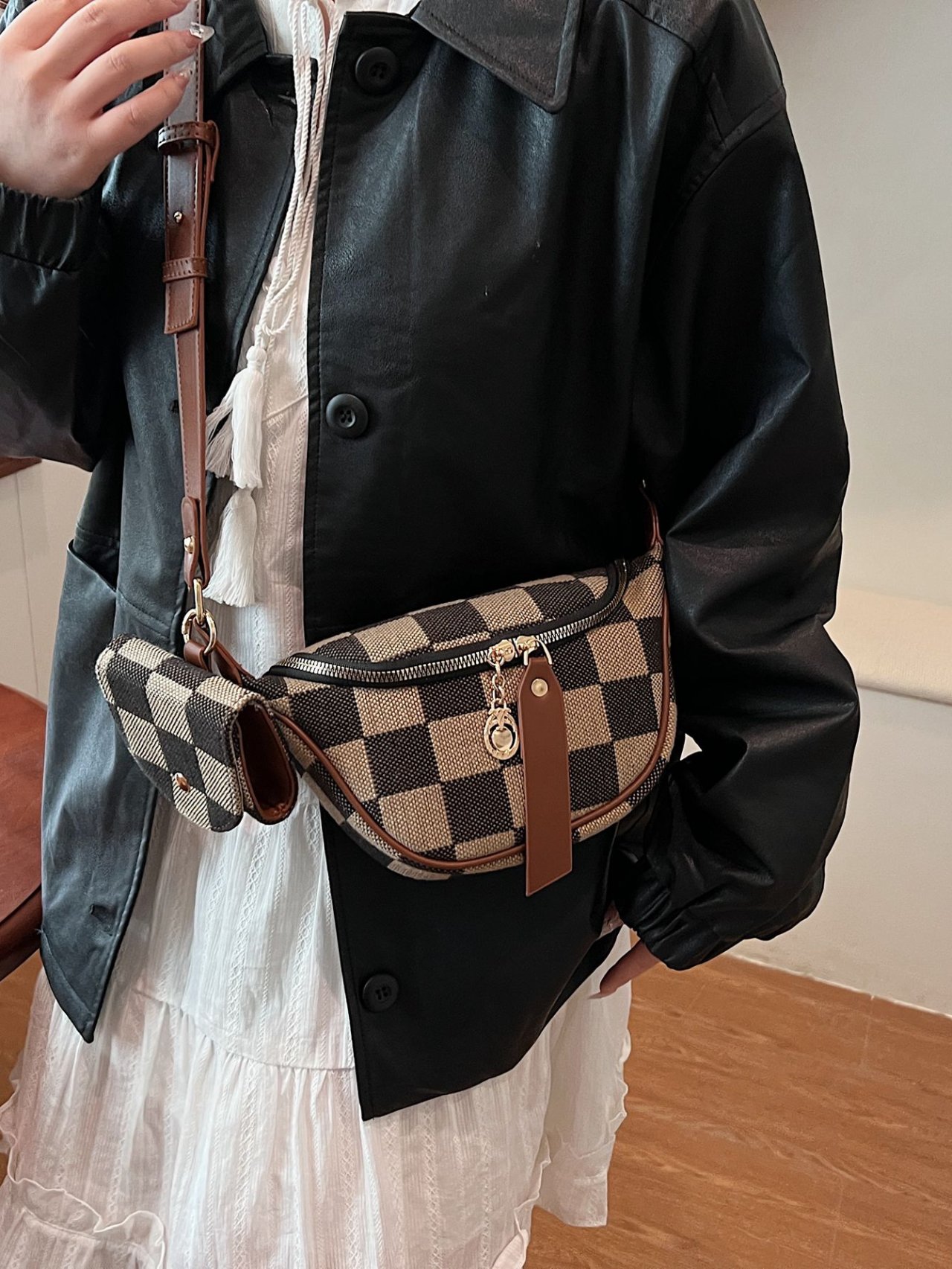 Brown Checkered Crossbody Bag