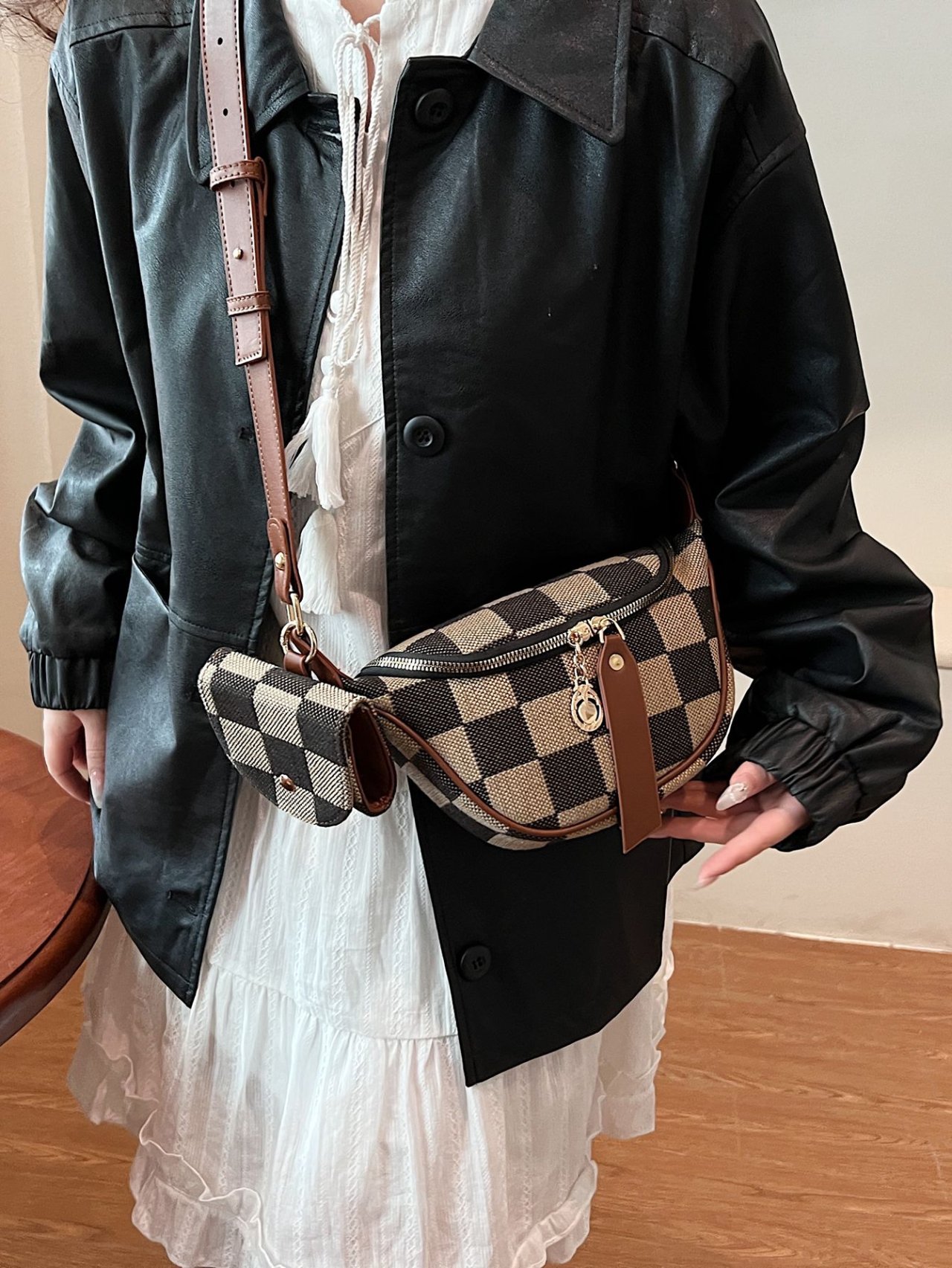 Brown Checkered Crossbody Bag