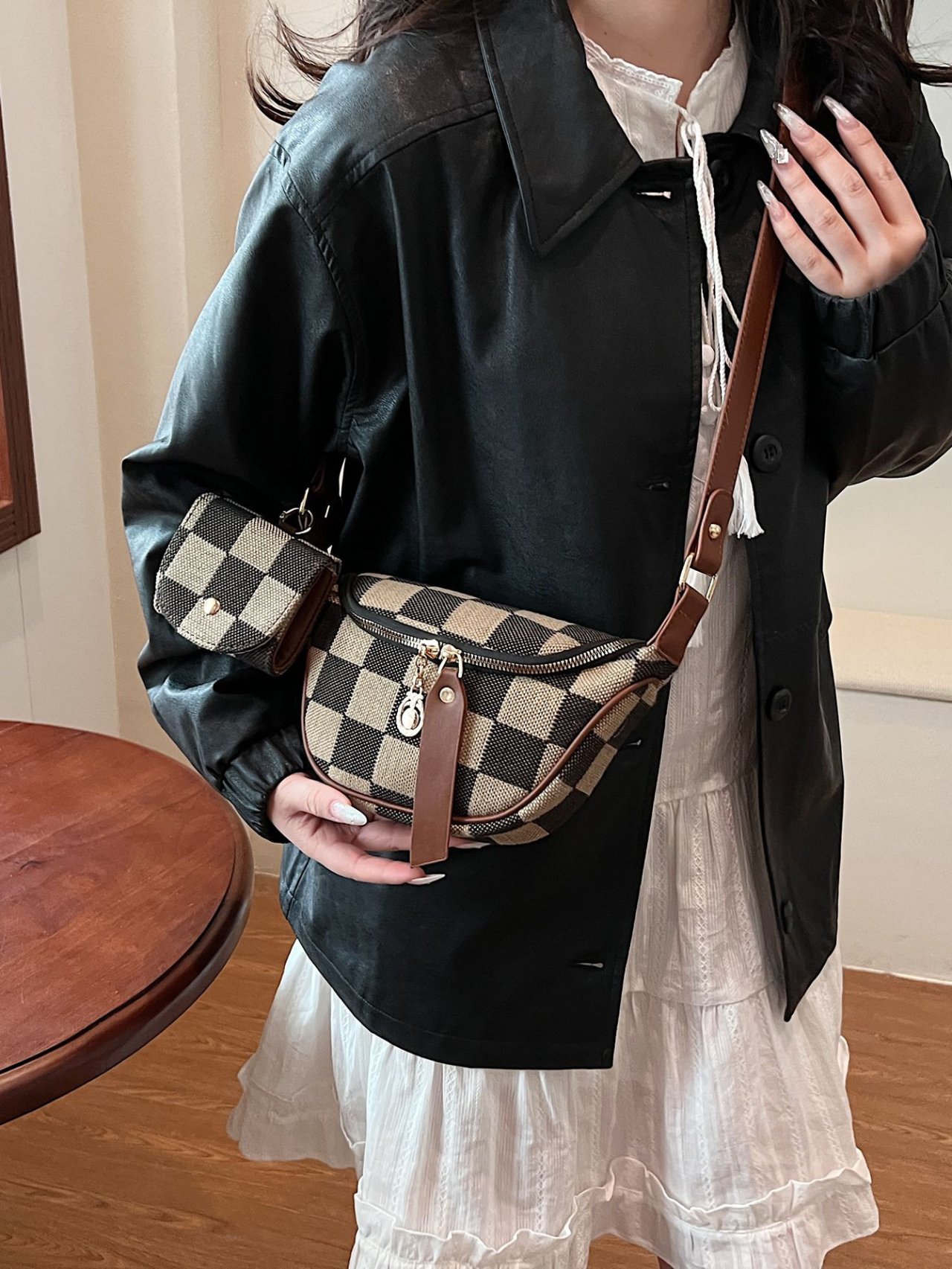 Brown Checkered Crossbody Bag