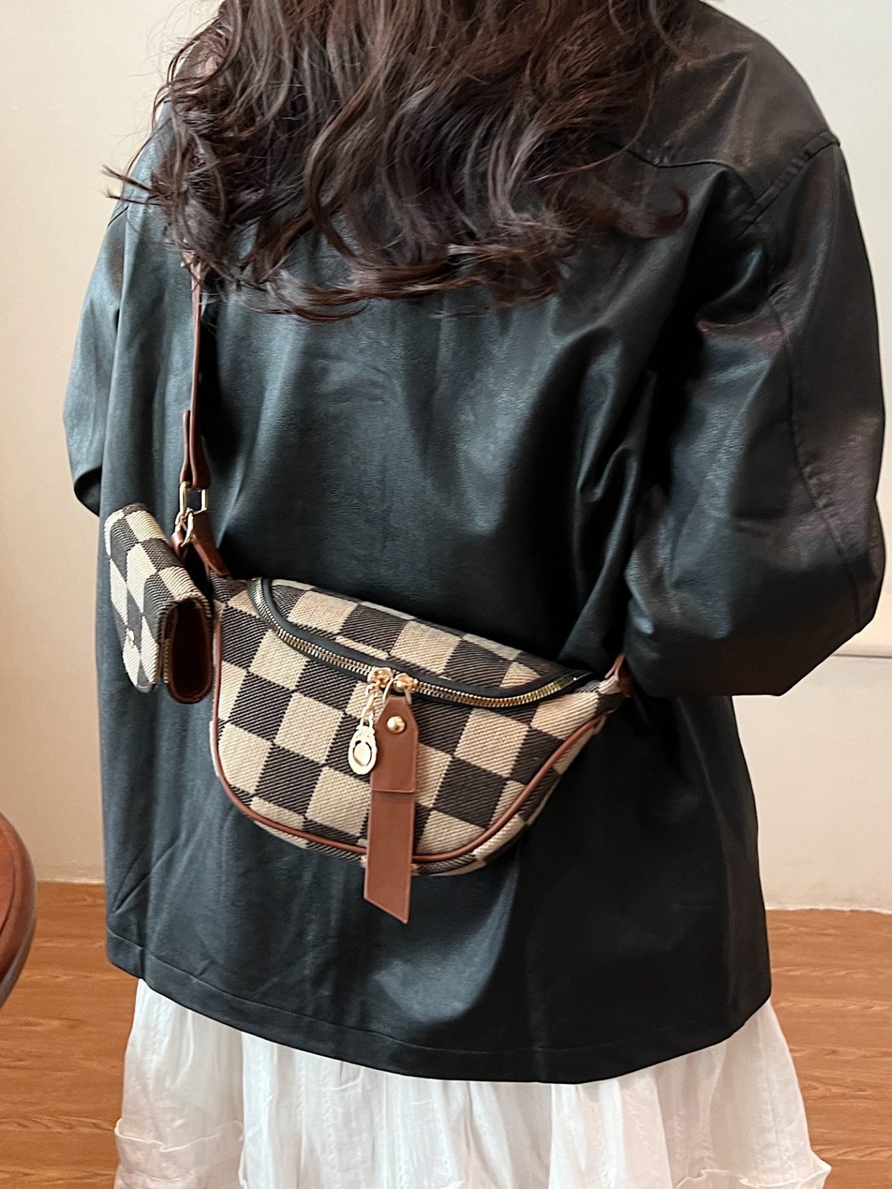 Brown Checkered Crossbody Bag