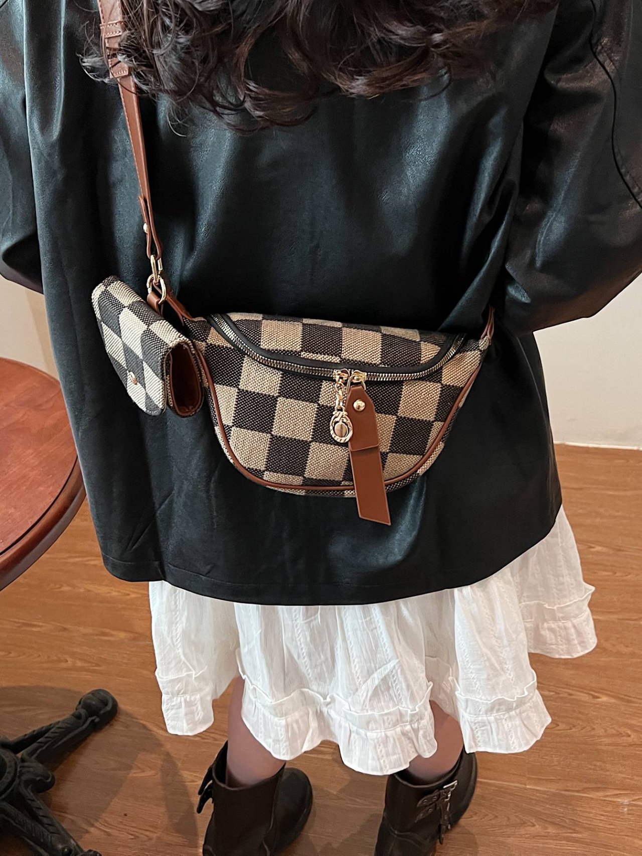 Brown Checkered Crossbody Bag