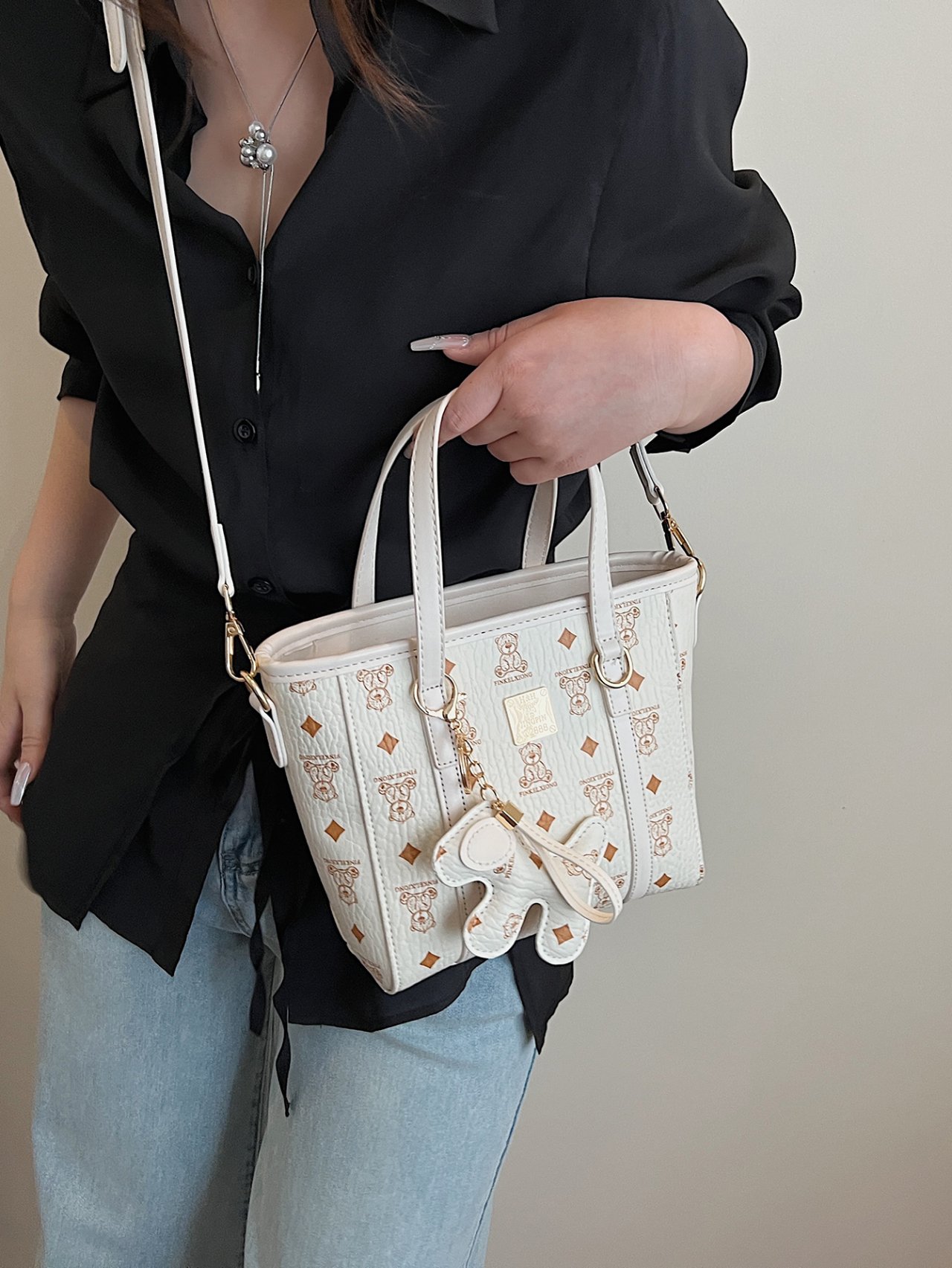 Off-White Bear Print Crossbody Bag with Charm