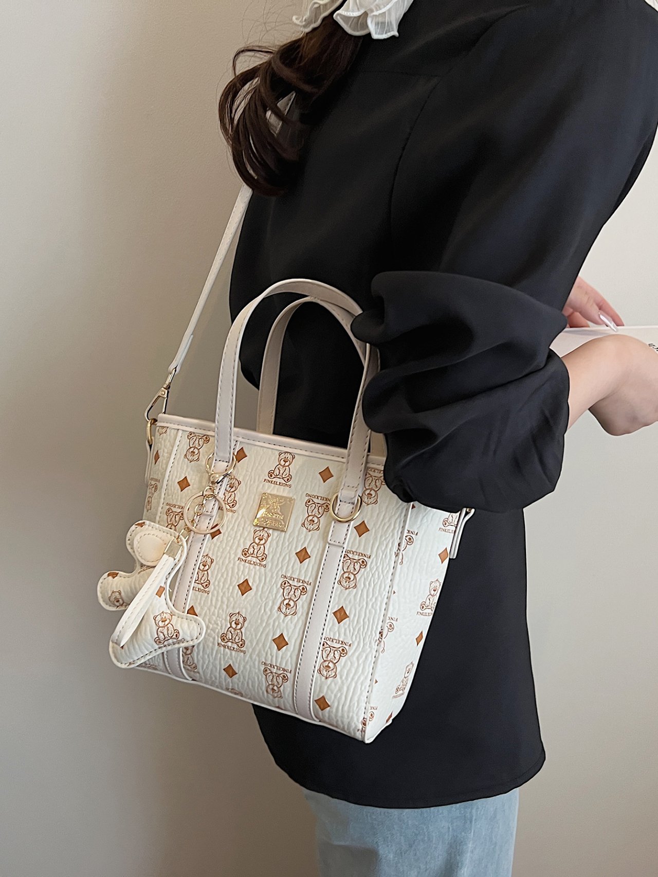 Off-White Bear Print Crossbody Bag with Charm