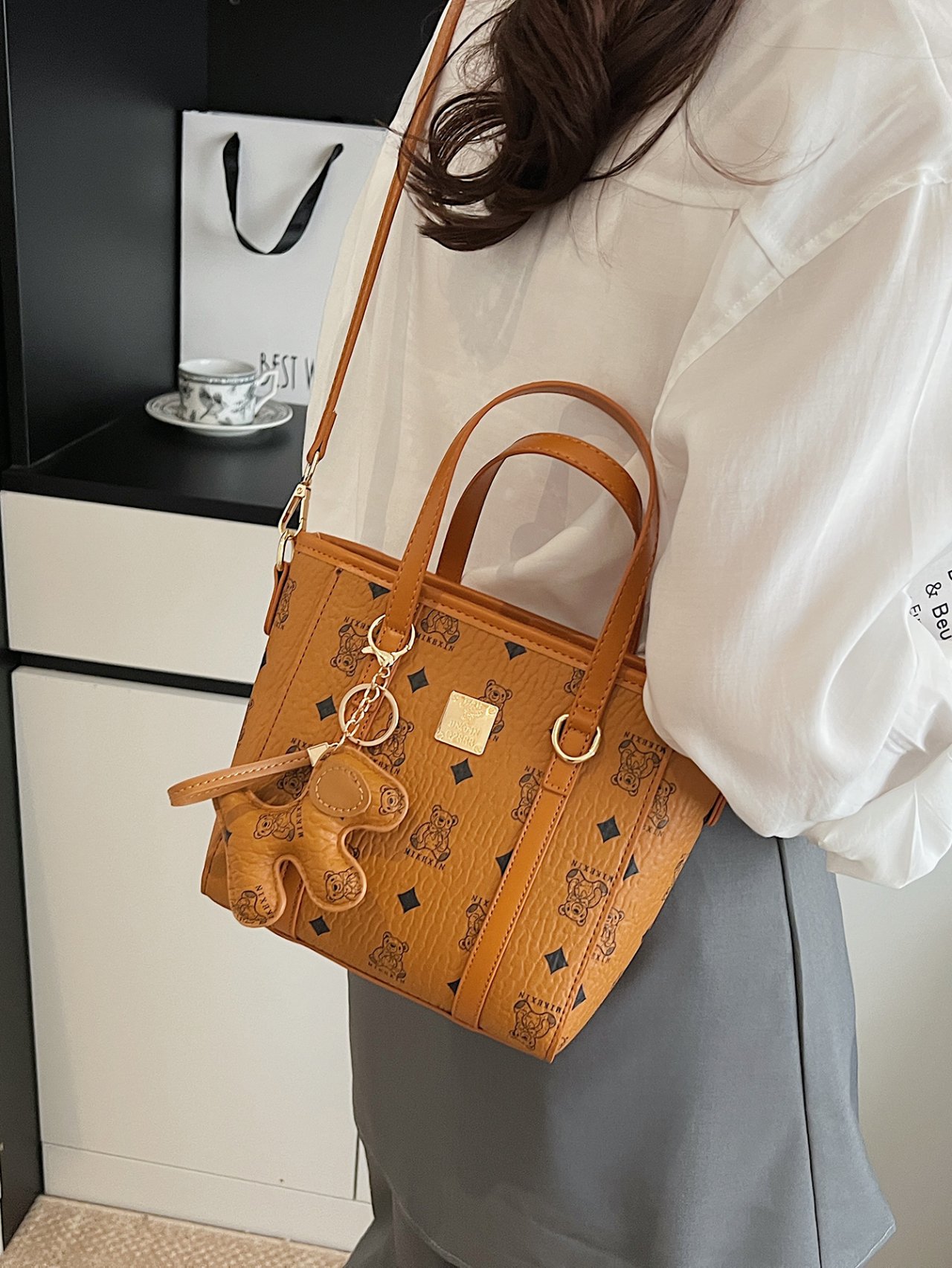 Brown Crossbody Bag with Teddy Bear Charm