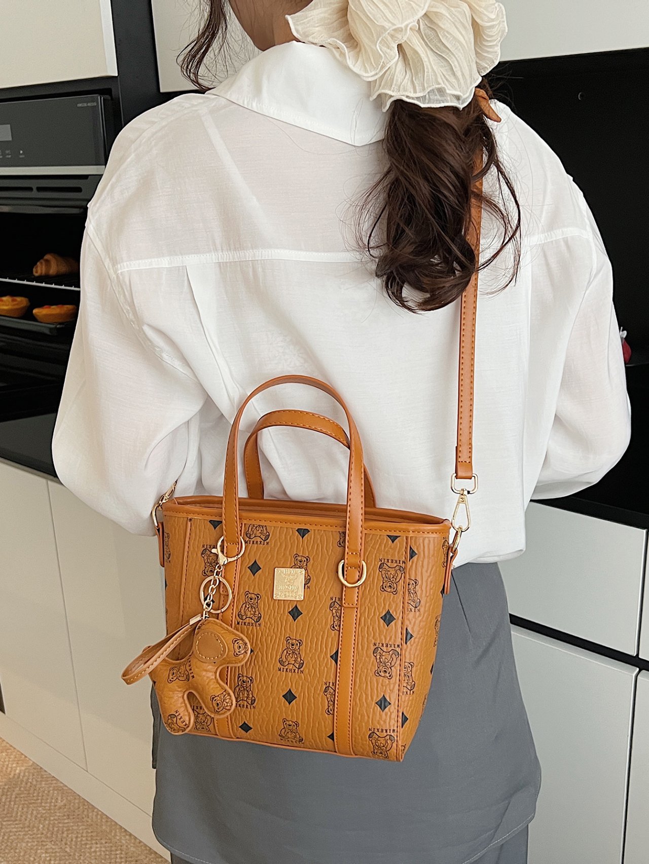 Brown Crossbody Bag with Teddy Bear Charm
