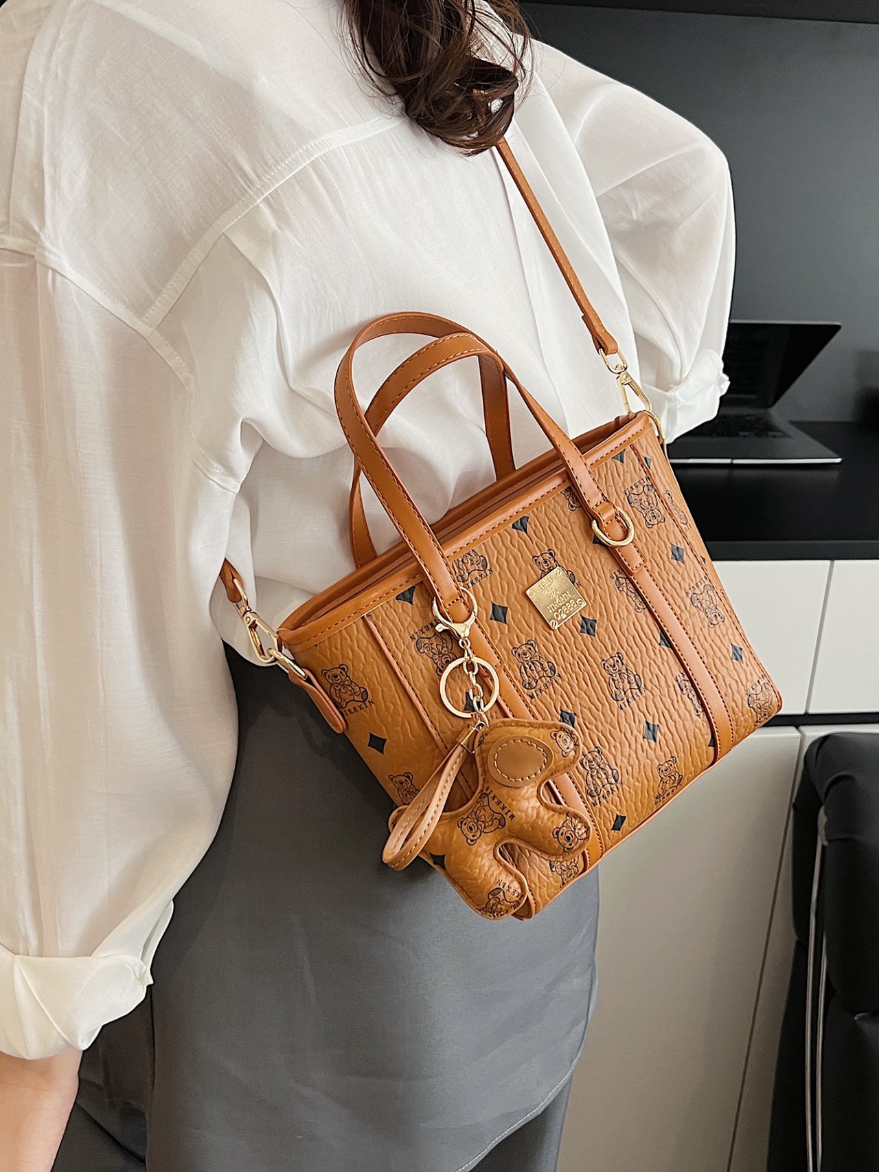 Brown Crossbody Bag with Teddy Bear Charm