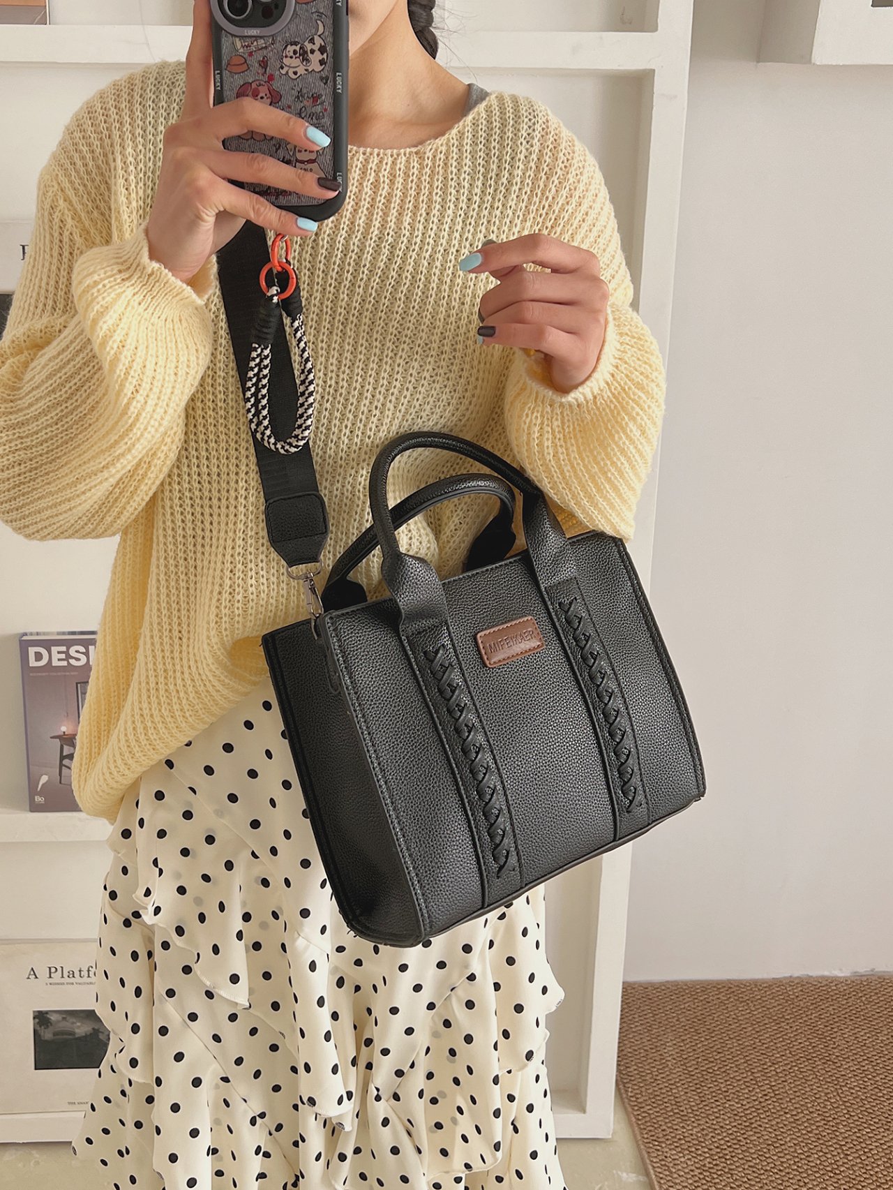 Black Crossbody Bag with Braided Detail