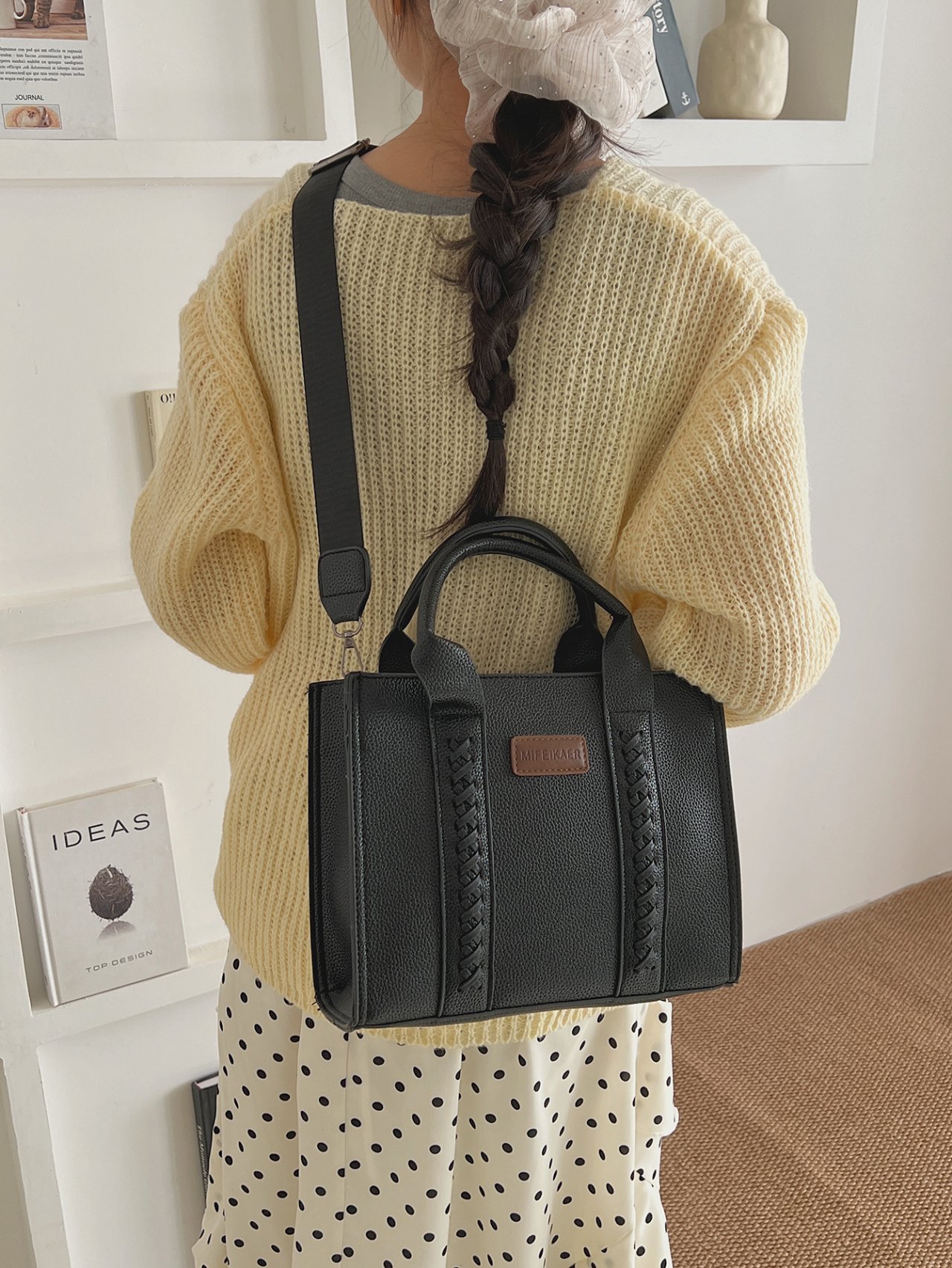 Black Crossbody Bag with Braided Detail