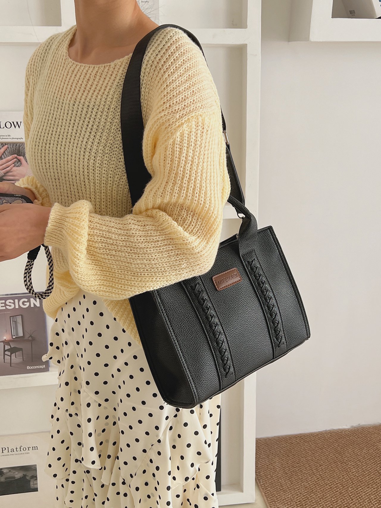 Black Crossbody Bag with Braided Detail