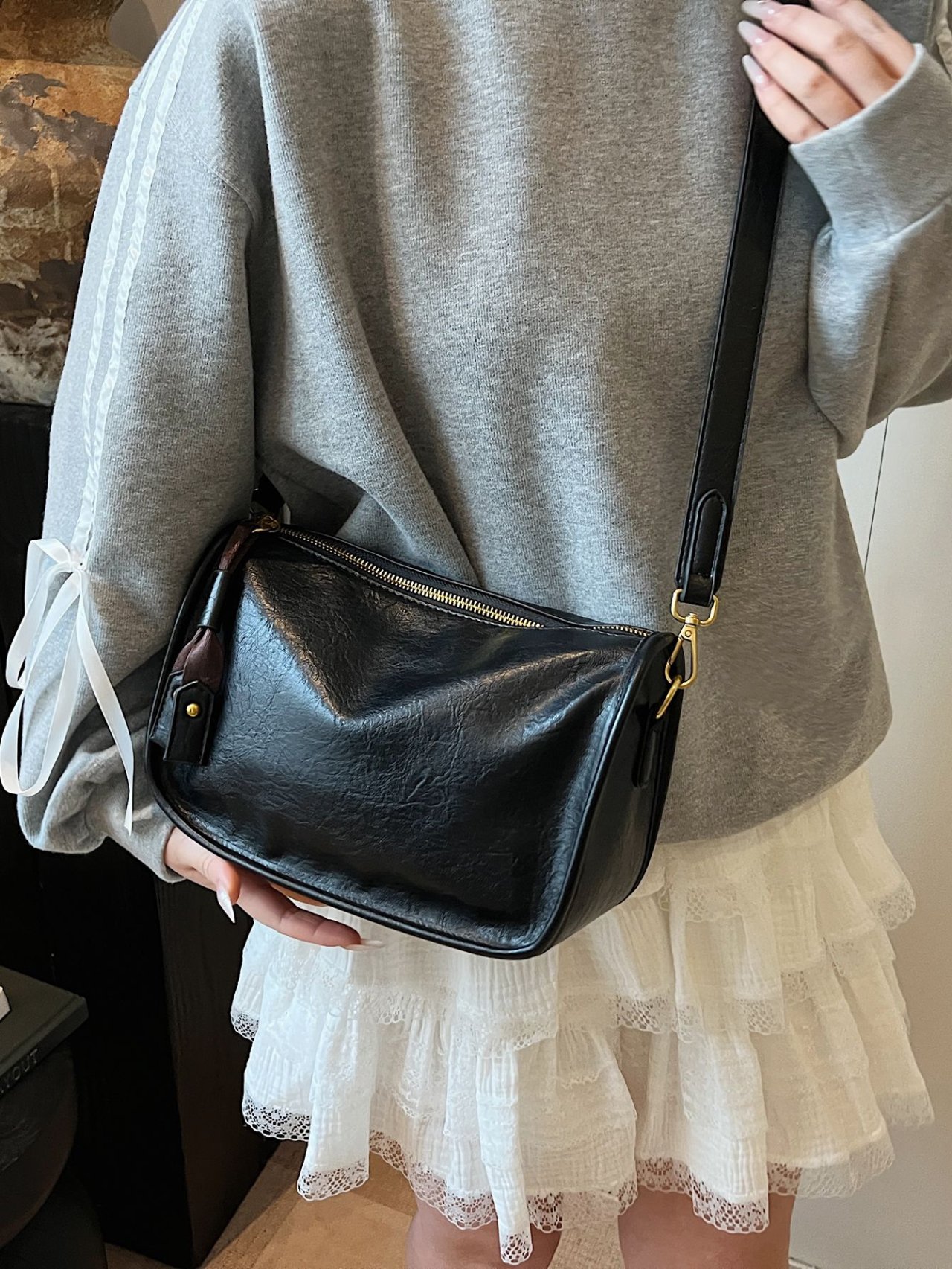 Black Faux Leather Crossbody Bag