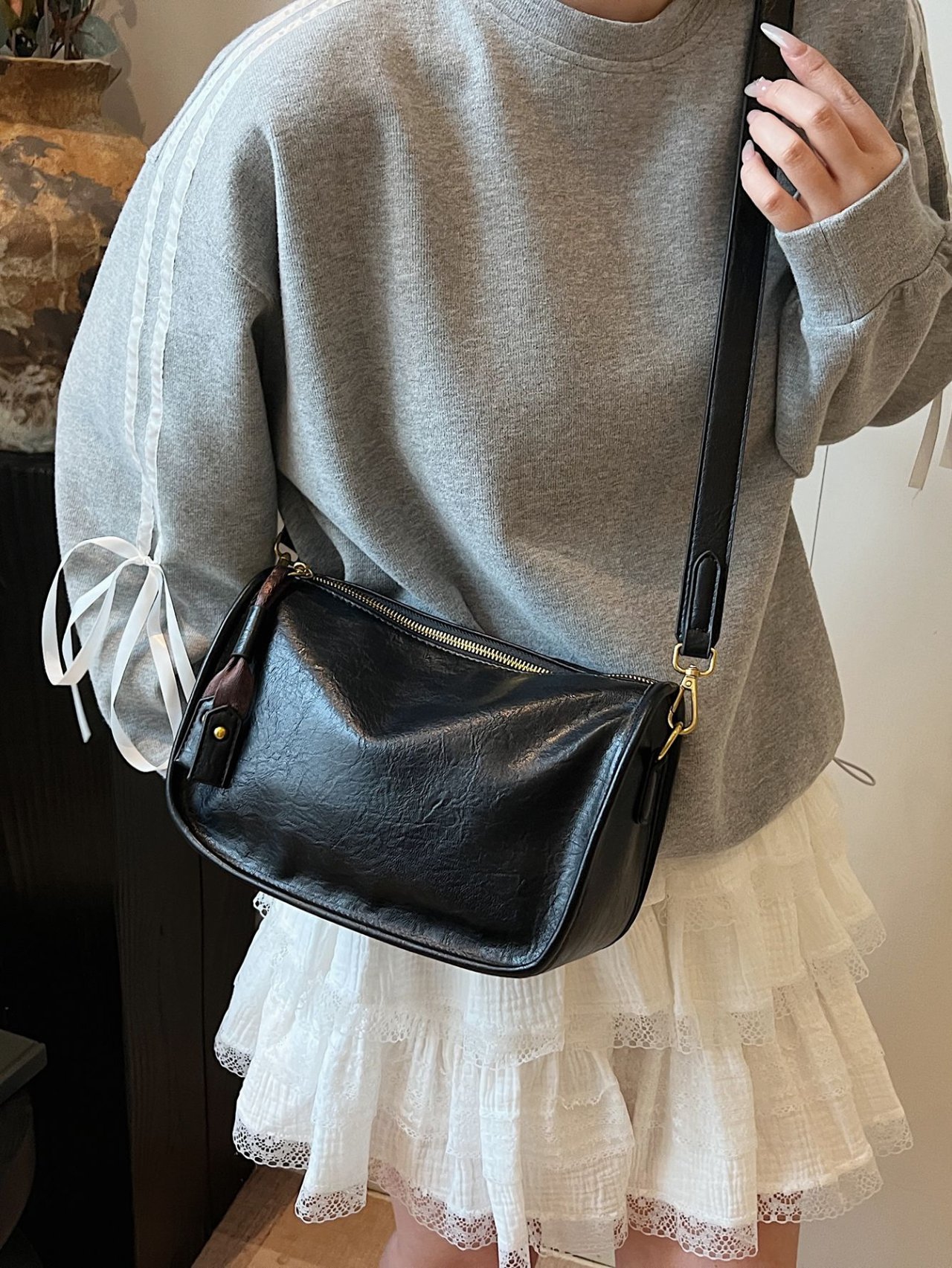 Black Faux Leather Crossbody Bag
