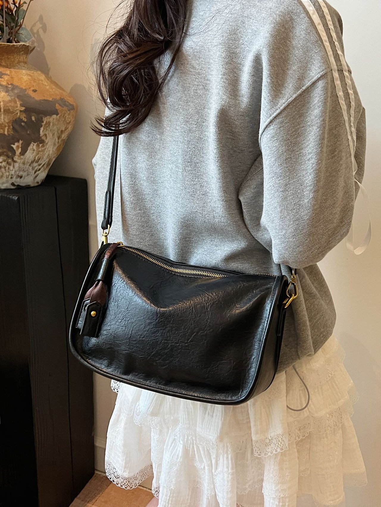 Black Faux Leather Crossbody Bag