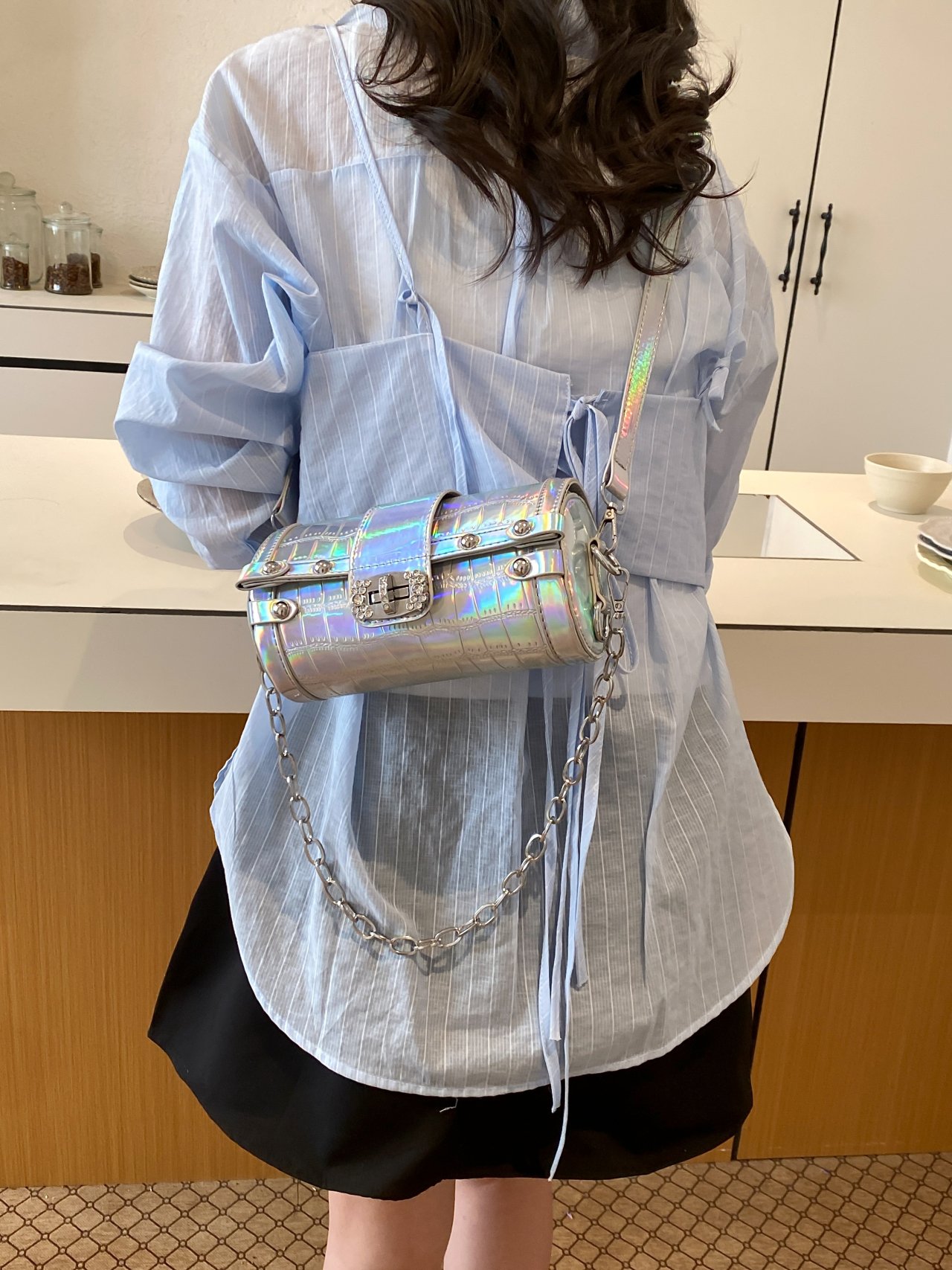 Silver Crocodile-Embossed Crossbody Bag