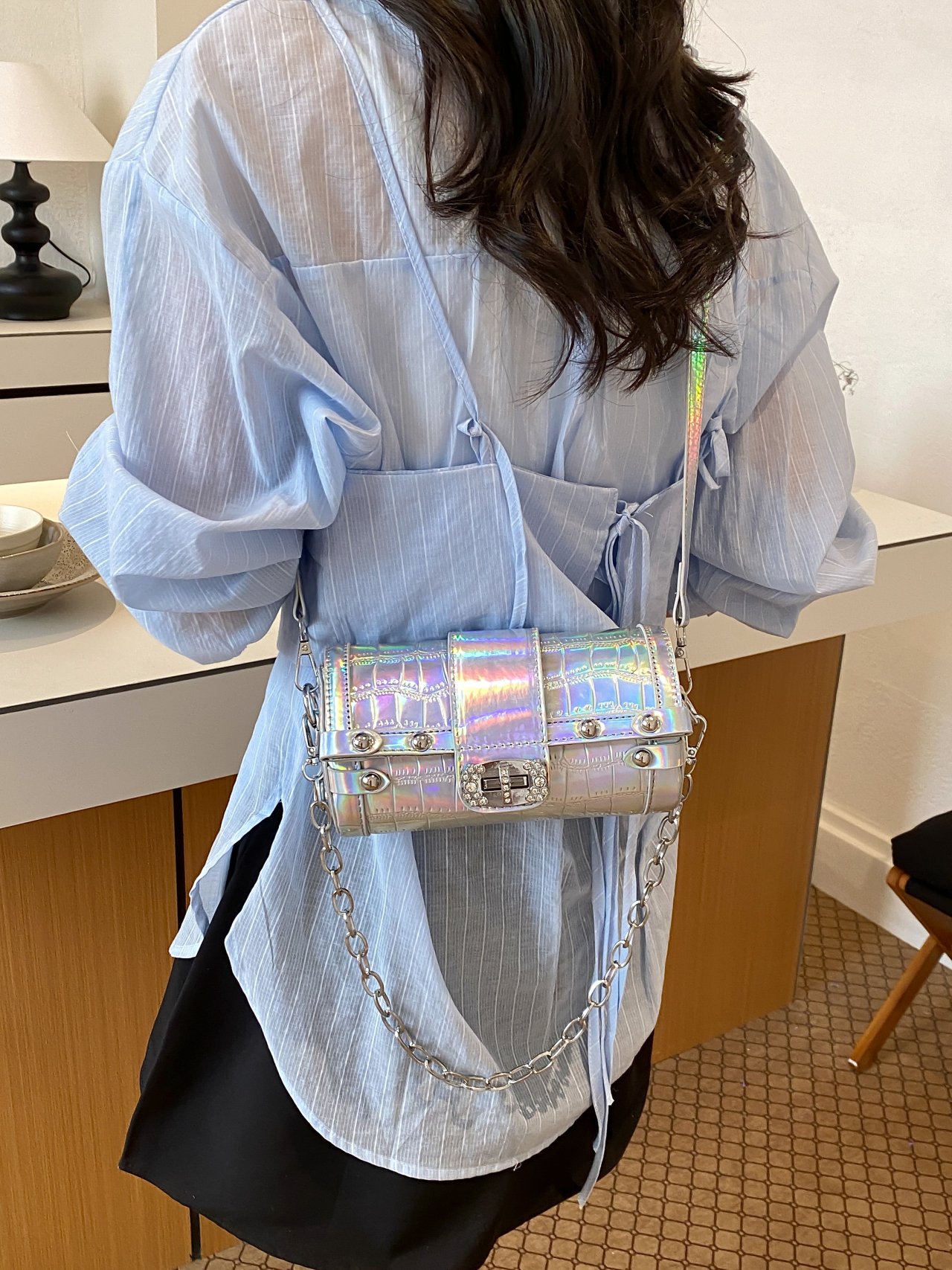 Silver Crocodile-Embossed Crossbody Bag