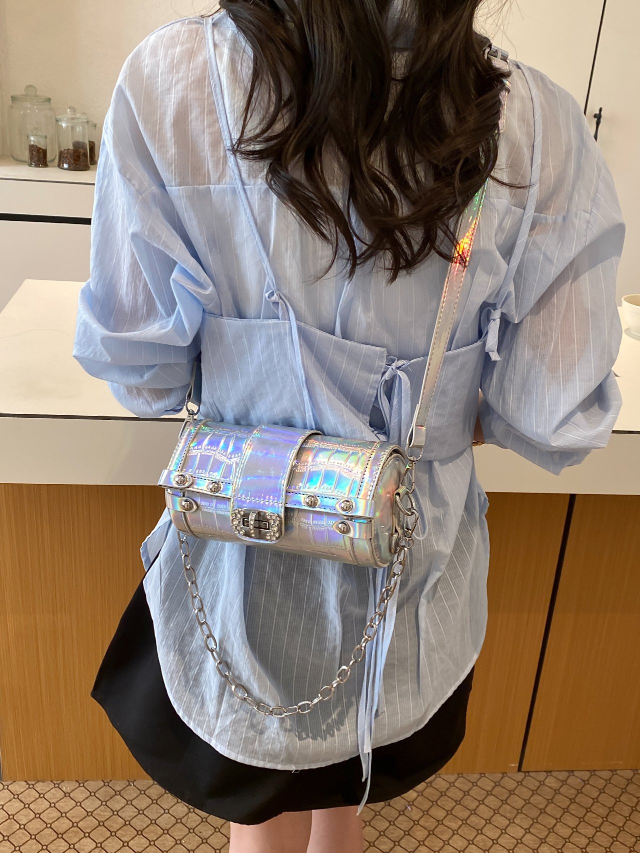 Silver Crocodile-Embossed Crossbody Bag