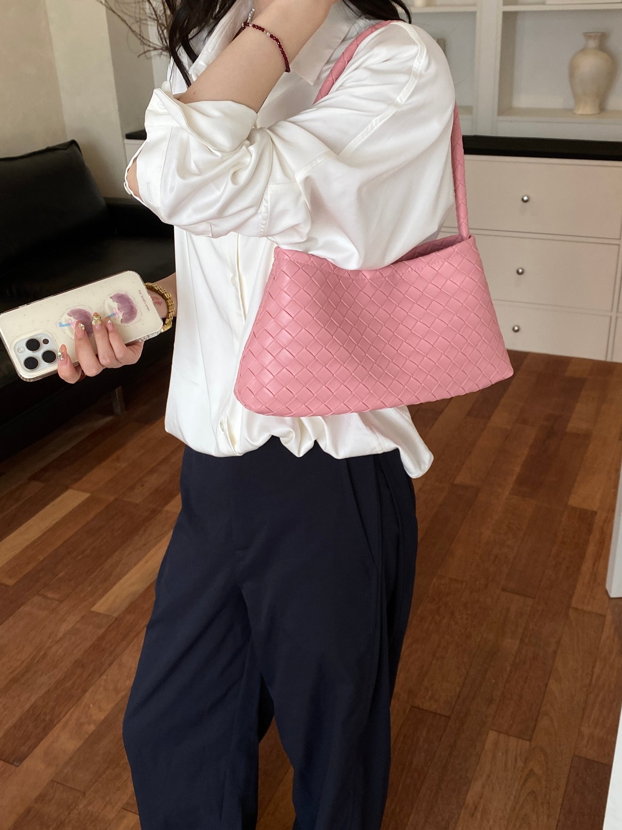 Pink Woven Shoulder Bag