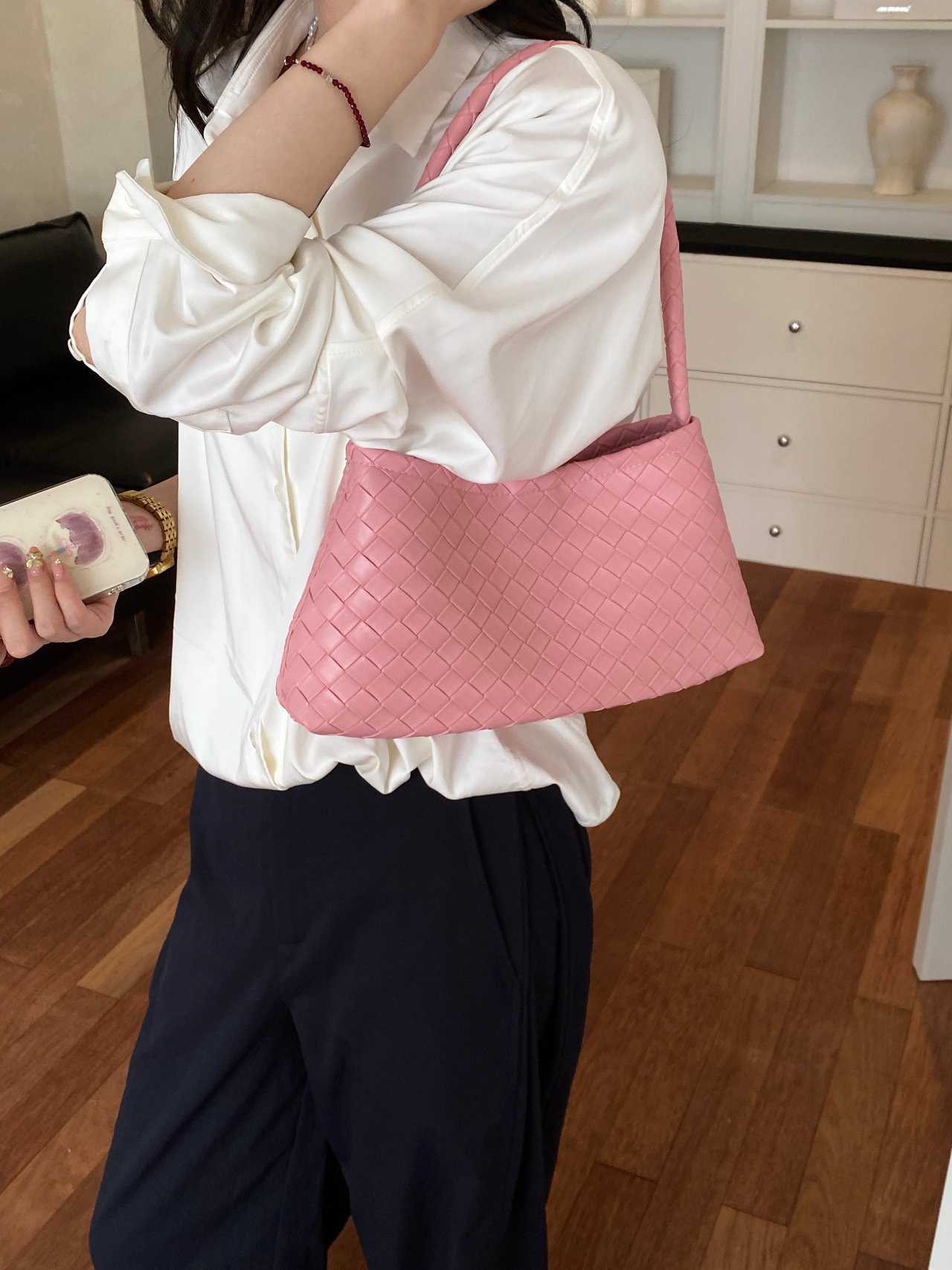 Pink Woven Shoulder Bag