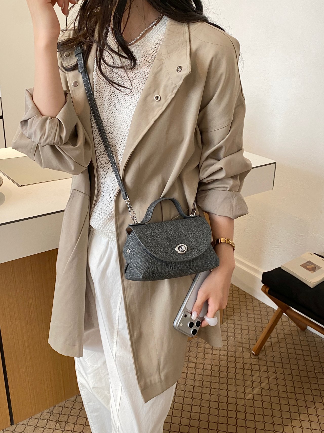 Charcoal Crossbody Bag with Top Handle