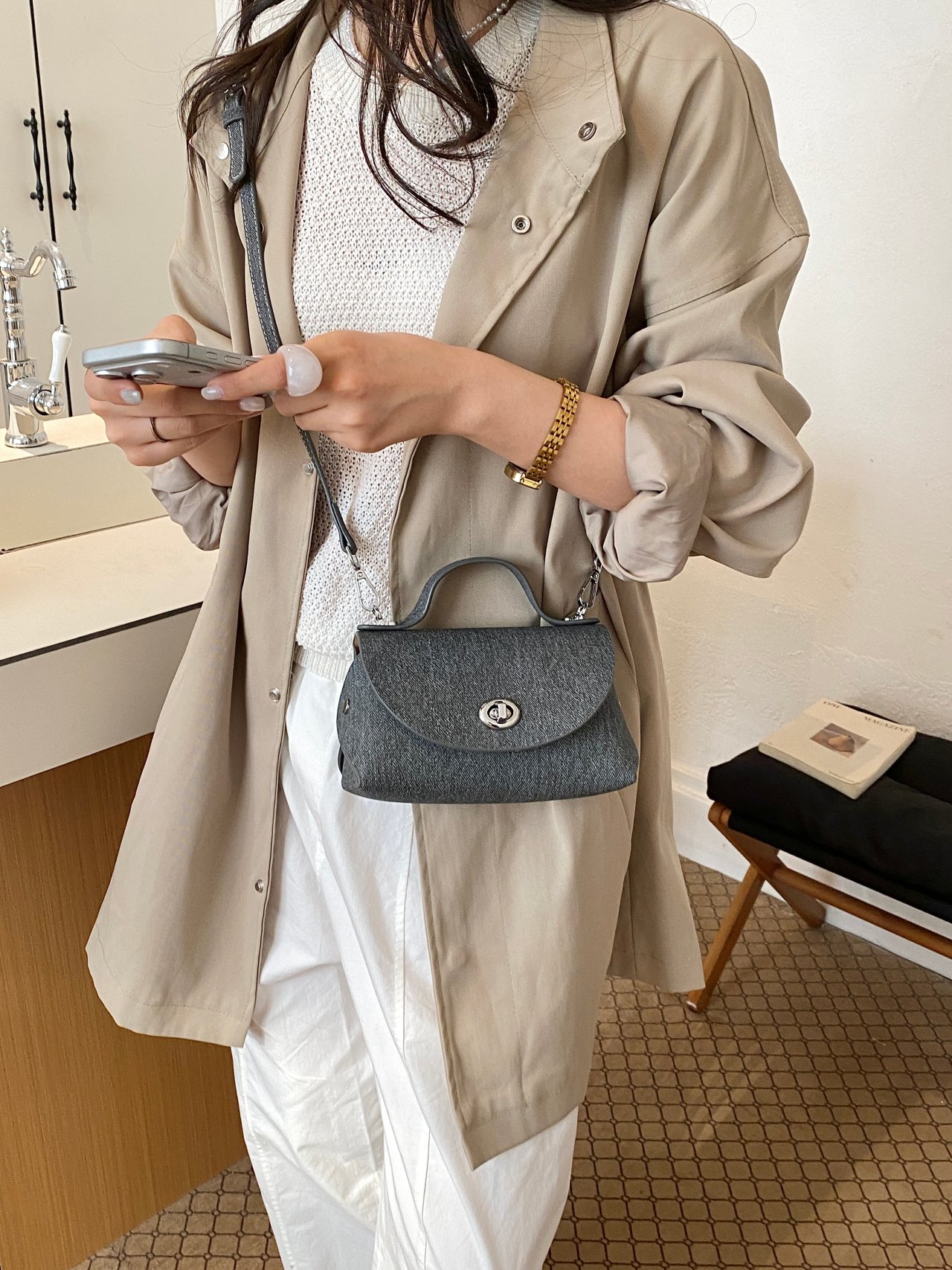 Charcoal Crossbody Bag with Top Handle