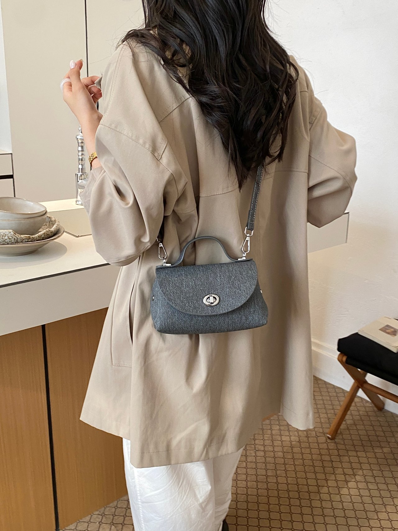 Charcoal Crossbody Bag with Top Handle