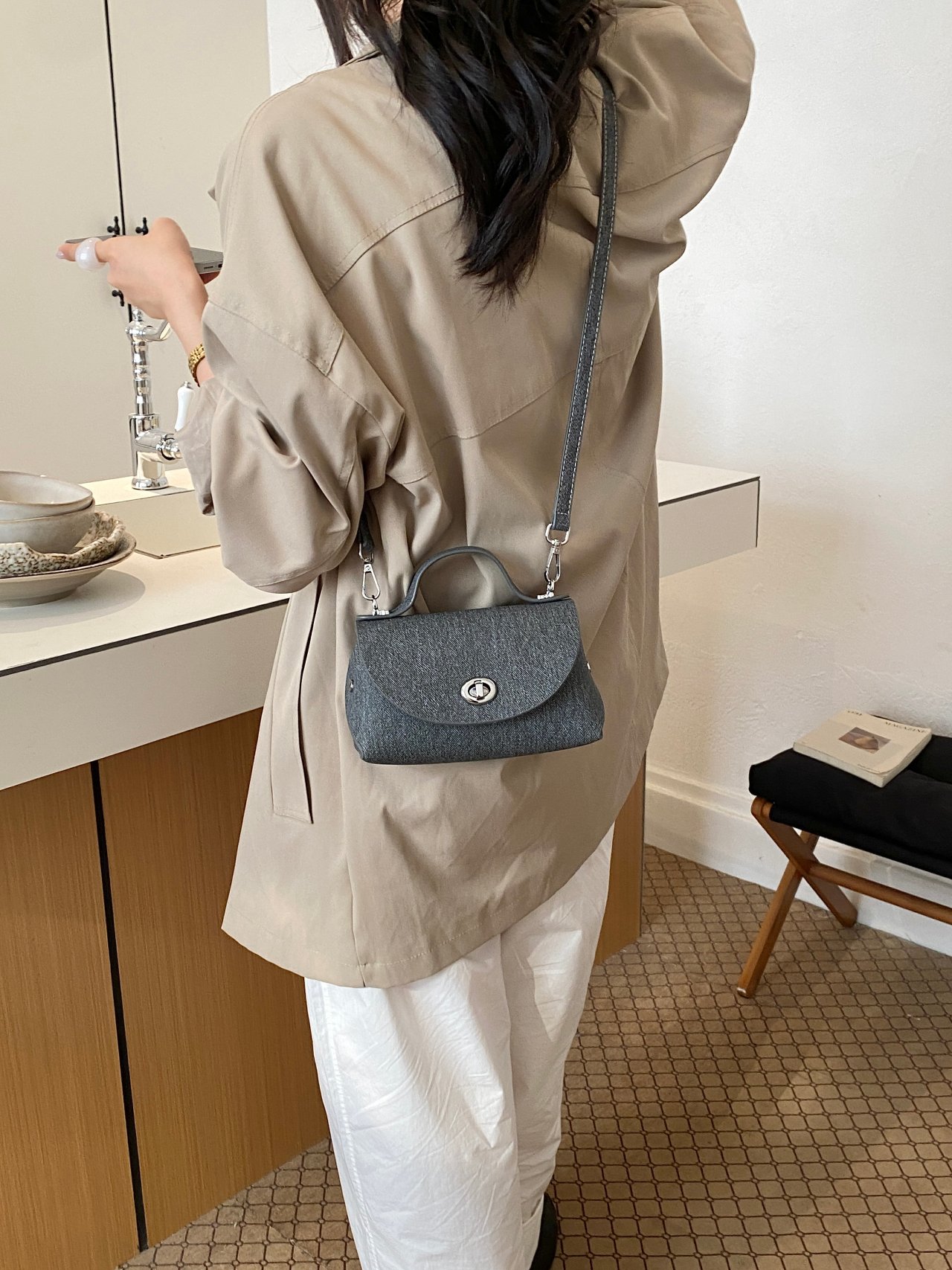 Charcoal Crossbody Bag with Top Handle
