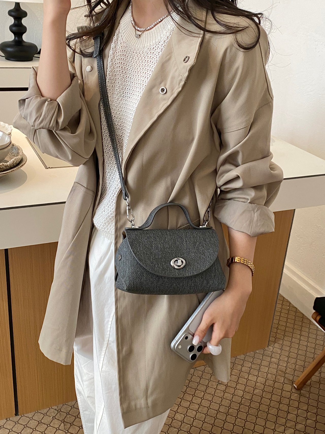 Charcoal Crossbody Bag with Top Handle