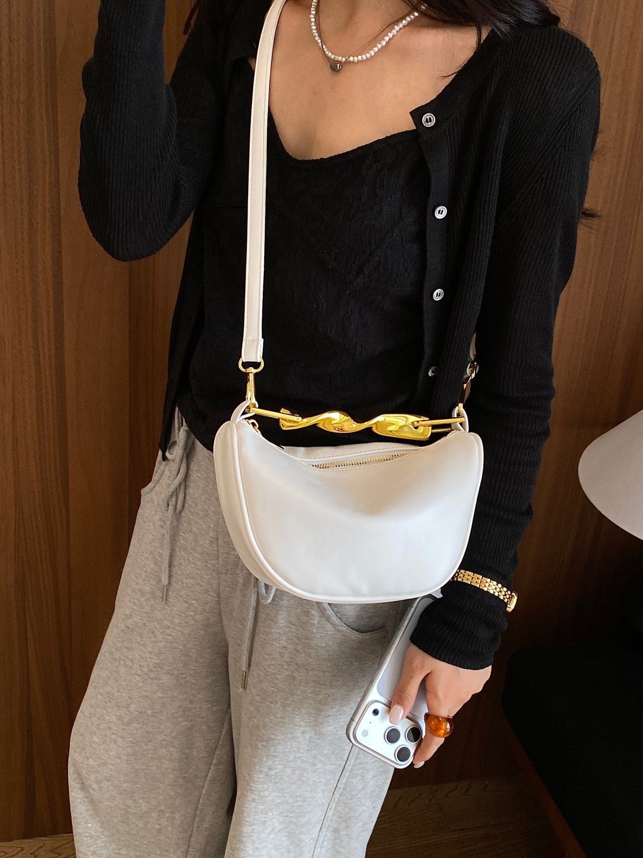 White Crossbody Bag with Gold Chain Detail