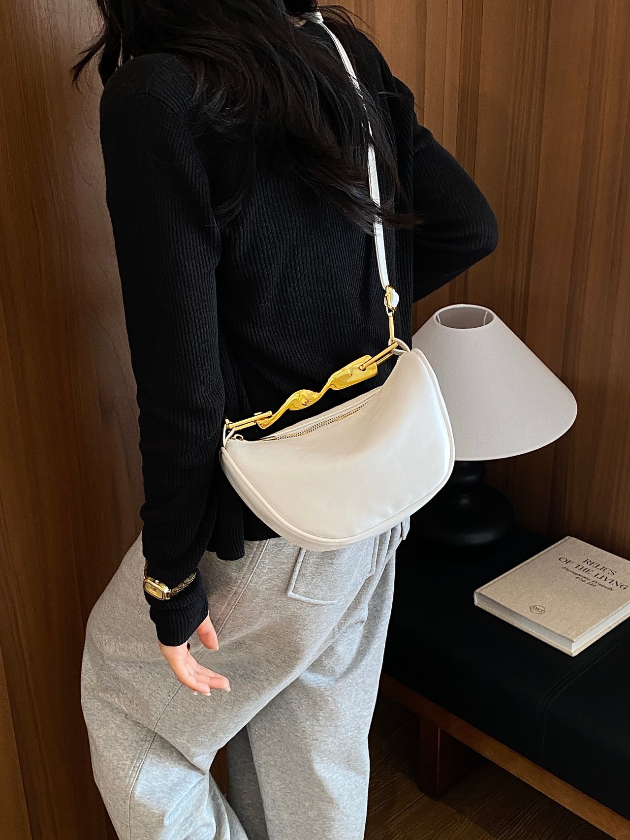 White Crossbody Bag with Gold Chain Detail