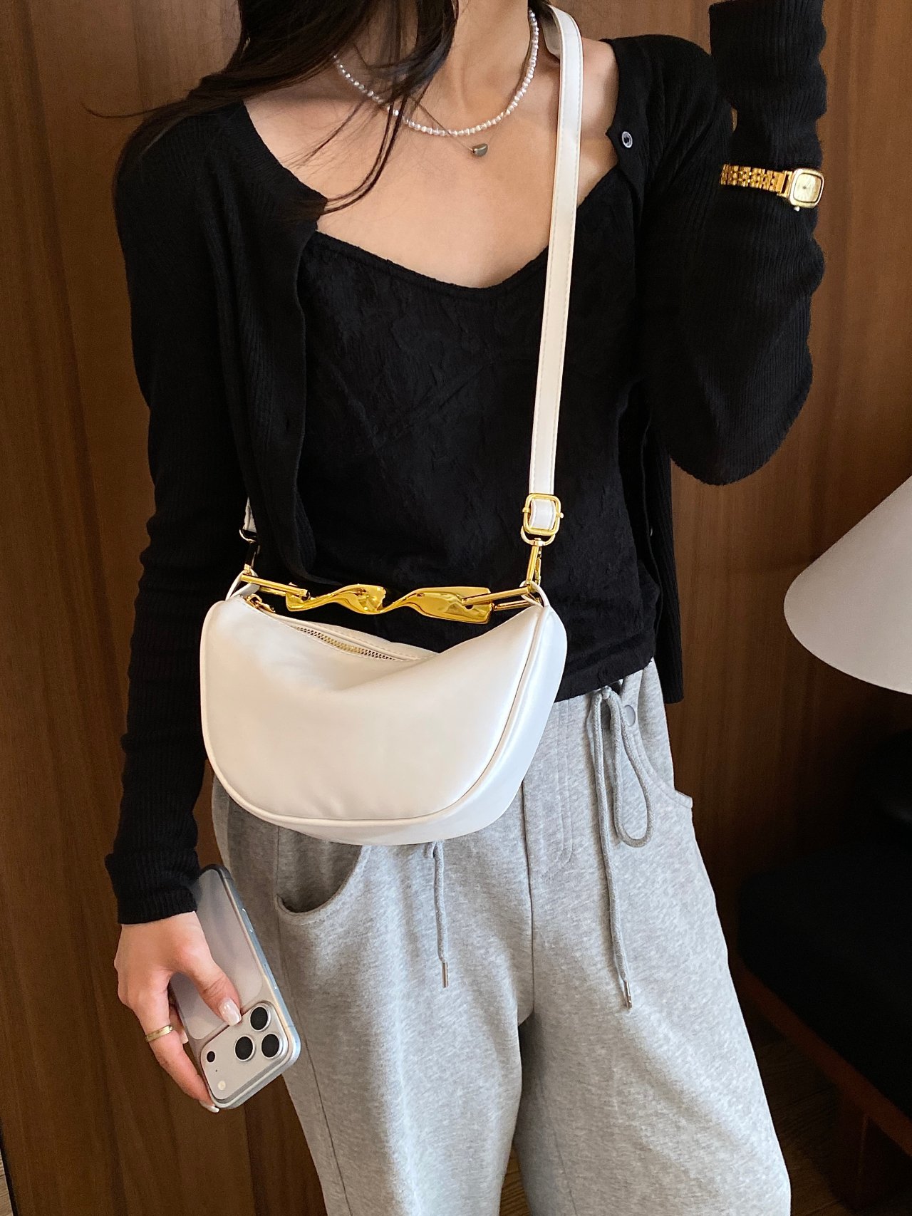 White Crossbody Bag with Gold Chain Detail