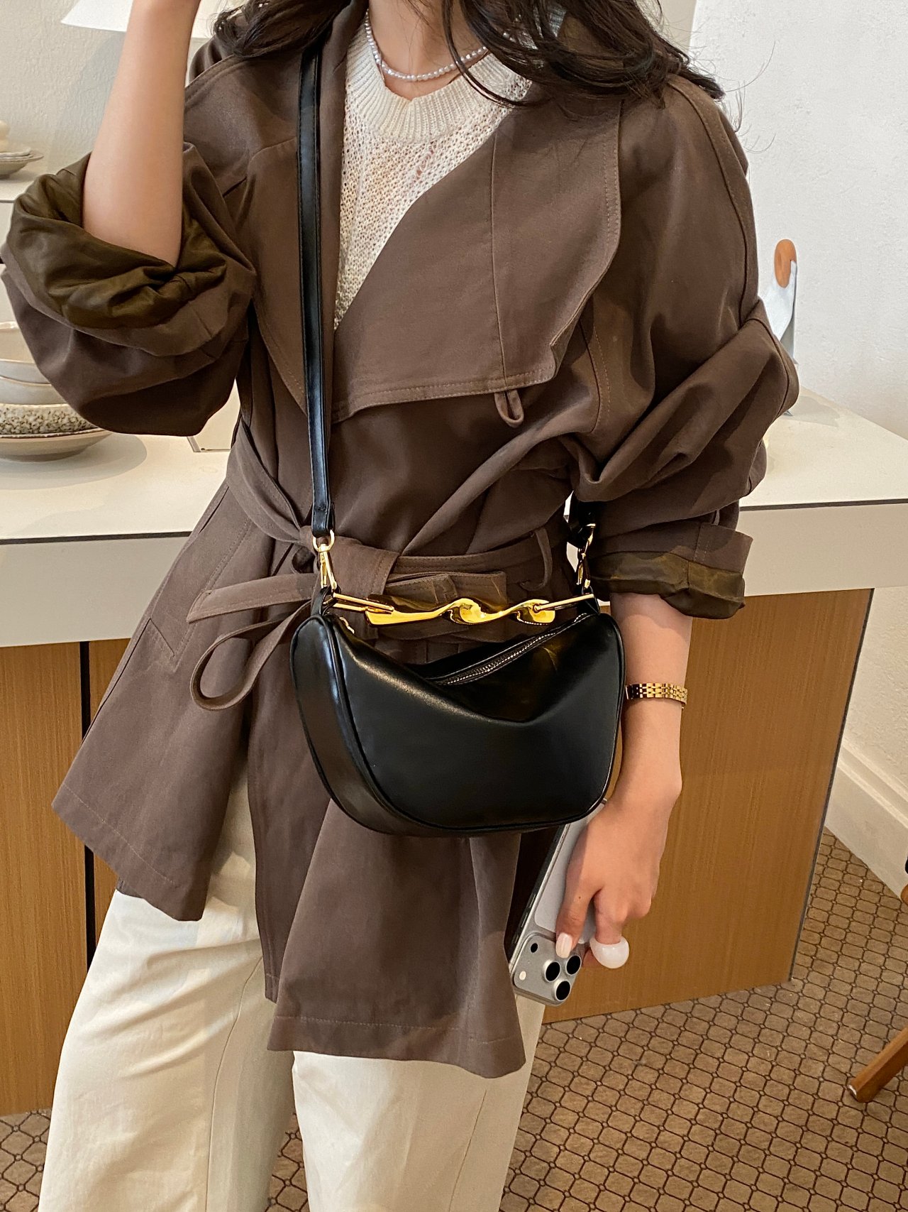 Black Crossbody Bag with Gold Chain Detail