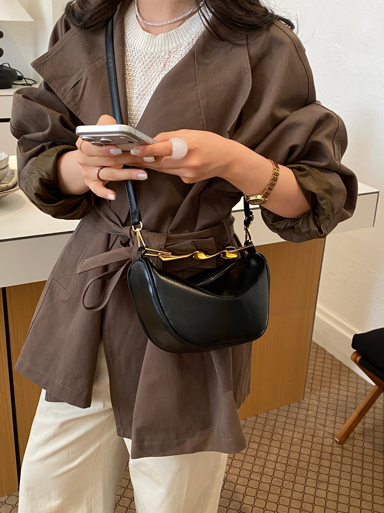 Black Crossbody Bag with Gold Chain Detail