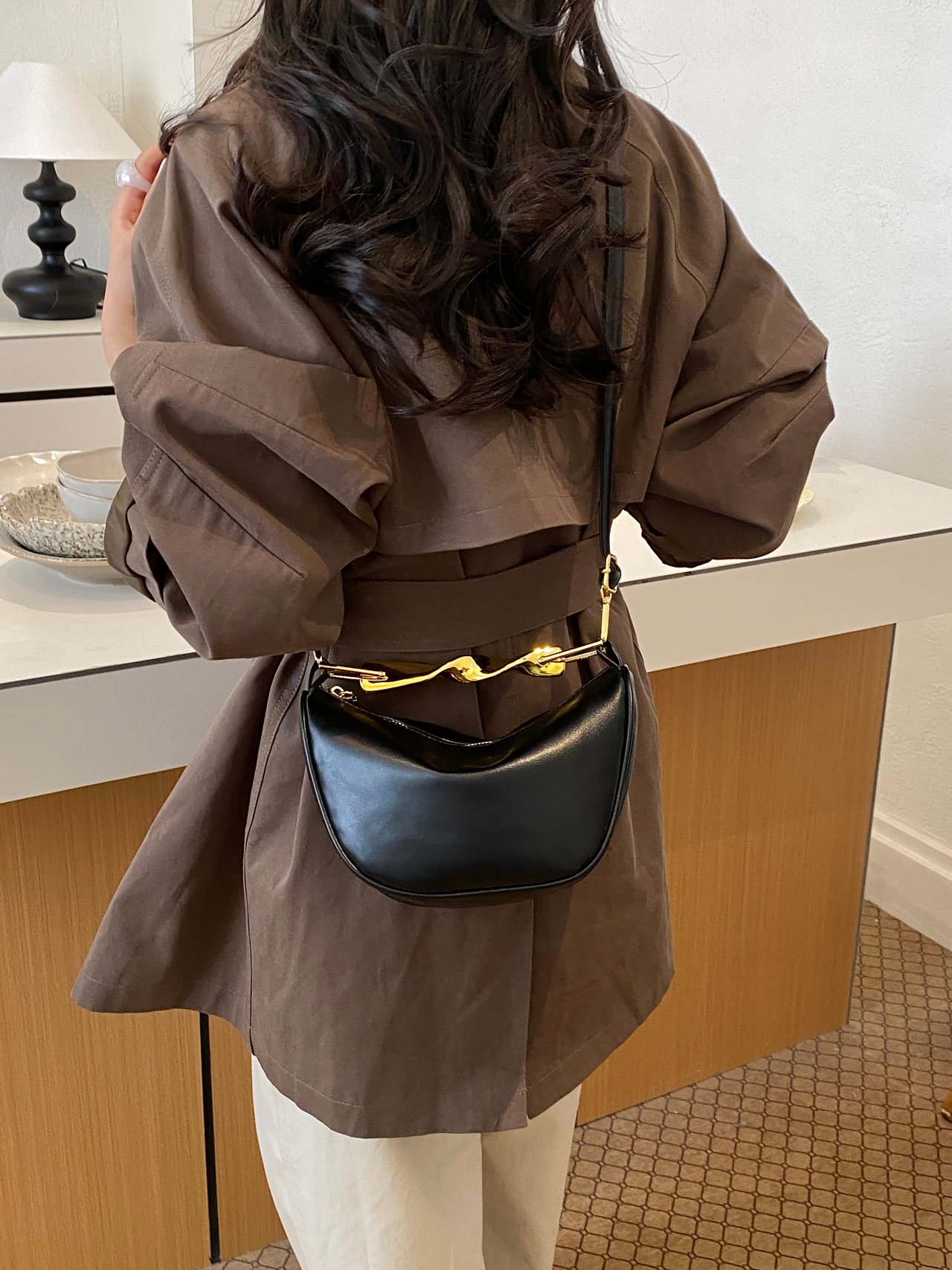 Black Crossbody Bag with Gold Chain Detail