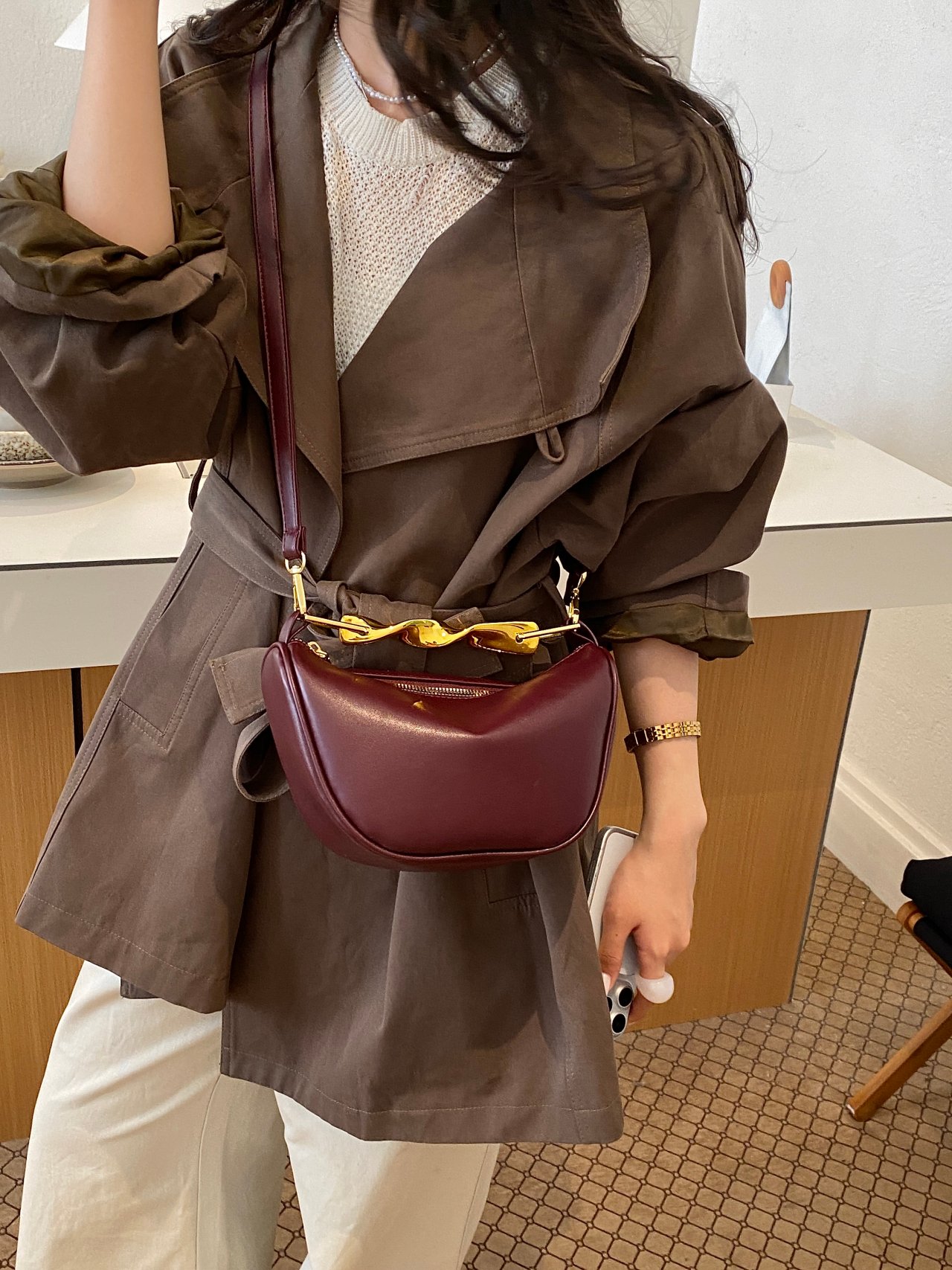 Burgundy Crescent Crossbody Bag