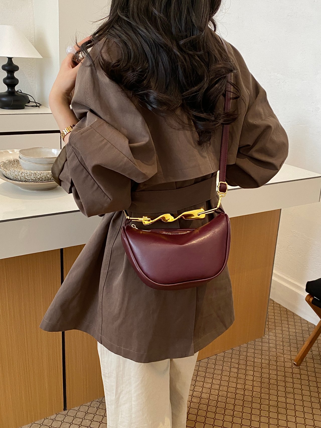 Burgundy Crescent Crossbody Bag