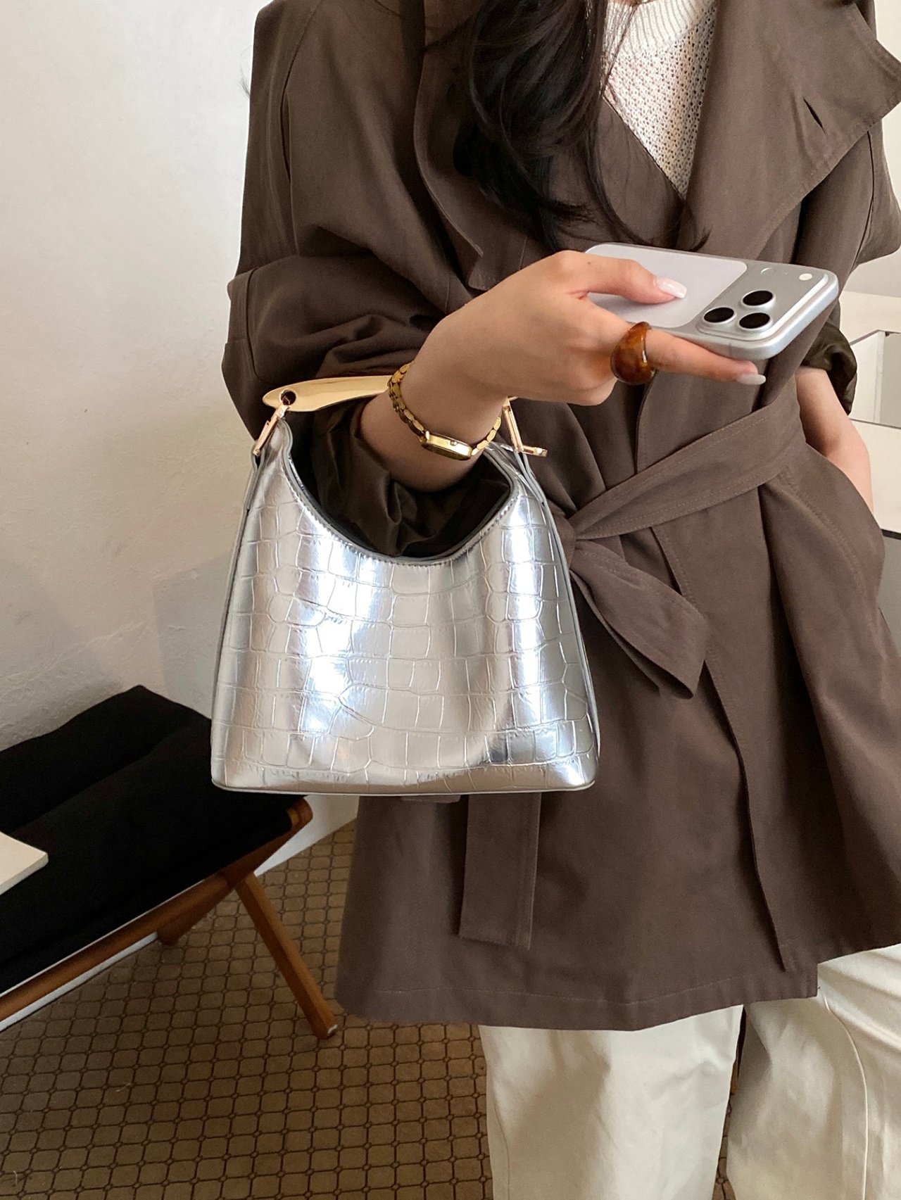 Silver Croc-Embossed Handbag