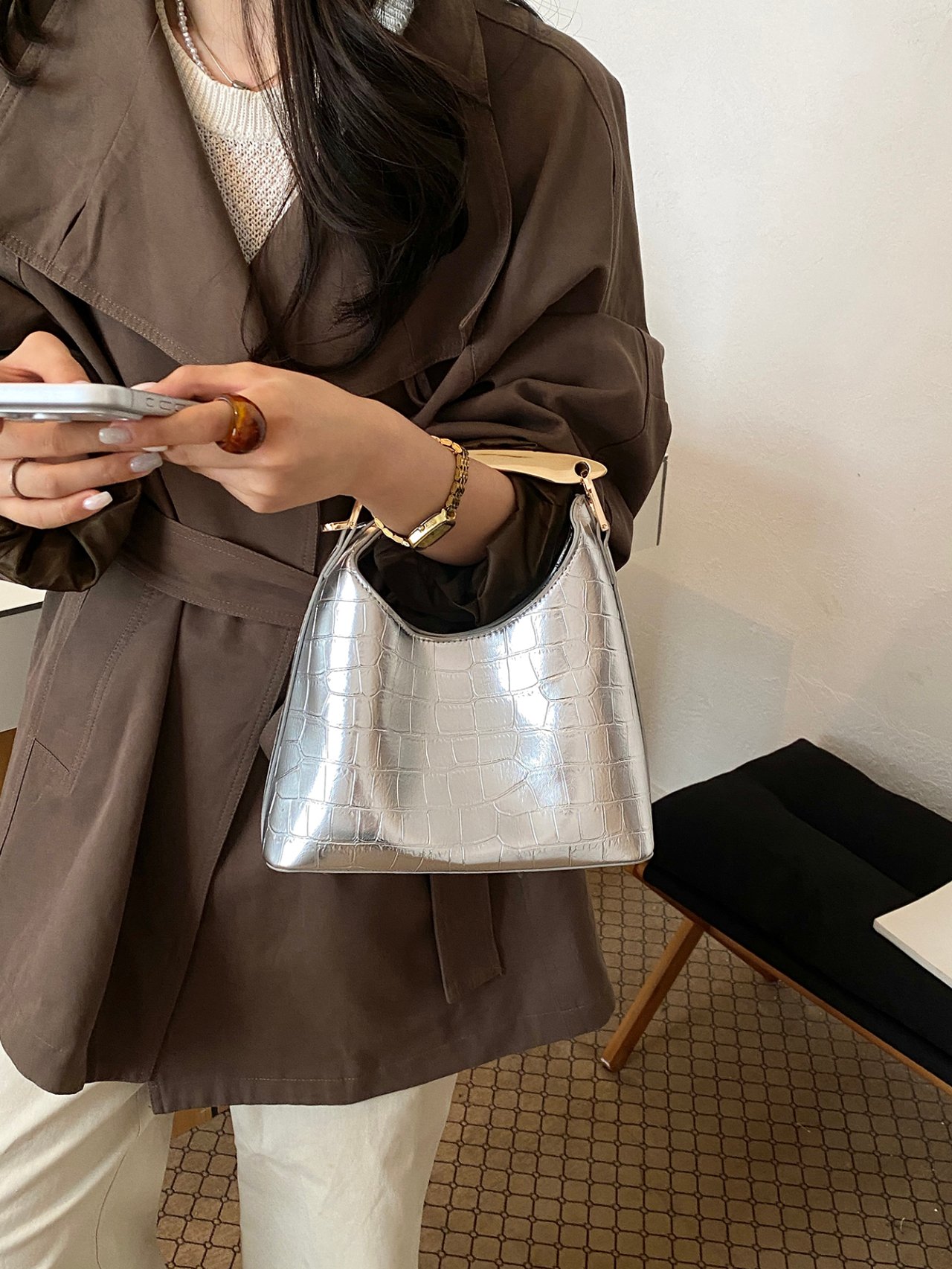 Silver Croc-Embossed Handbag