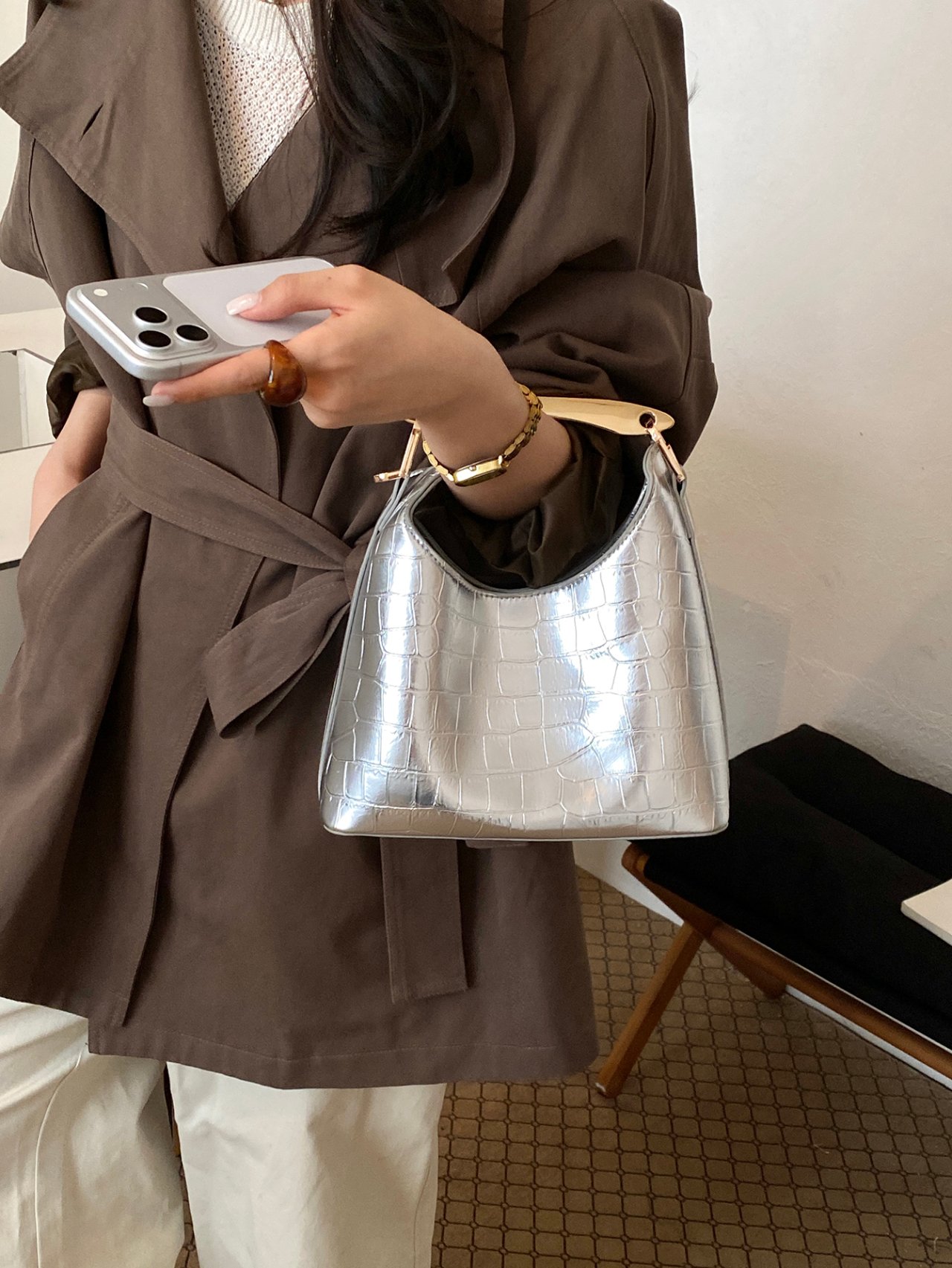 Silver Croc-Embossed Handbag