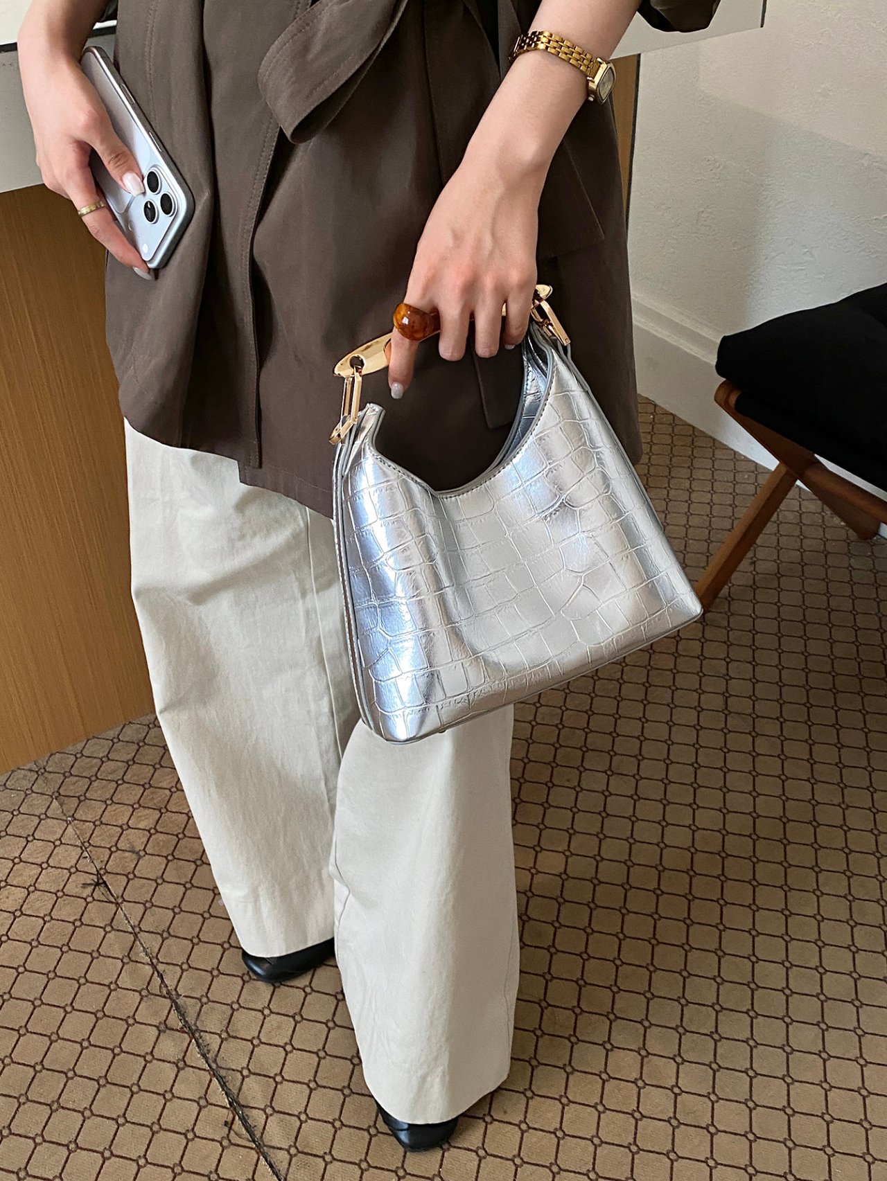 Silver Croc-Embossed Handbag